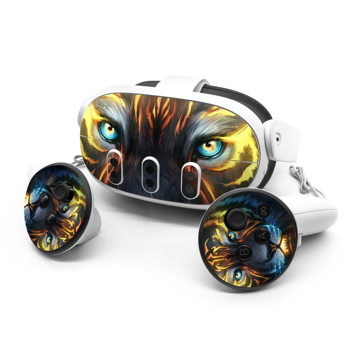 Meta Quest 3 Series Skin design of Felidae, Vertebrate, Carnivore, Organism, Painting, Roar, Bengal tiger, Big cats, Art, Whiskers, with black, yellow, orange, red, green, purple, blue colors