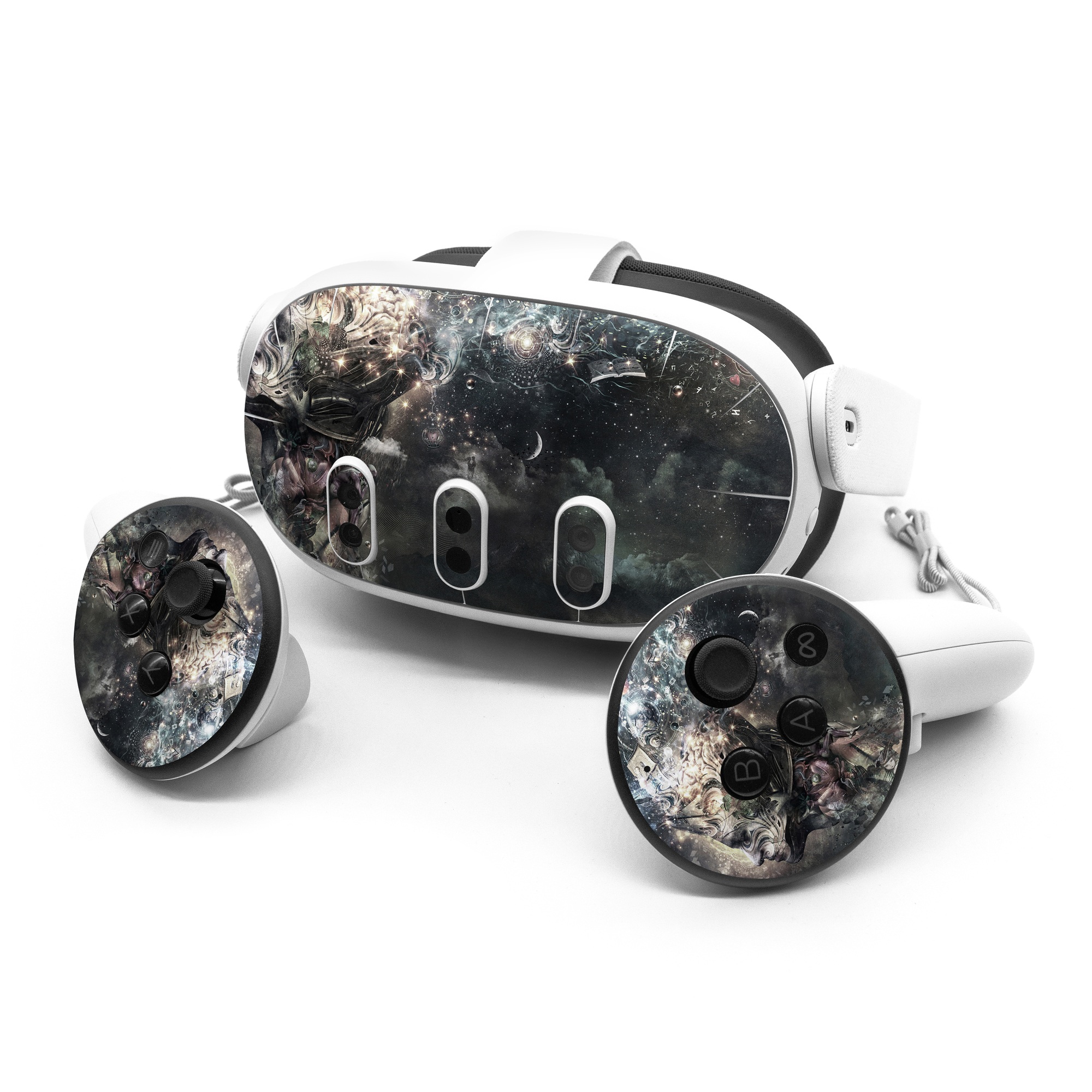 Meta Quest 3 Series Skin design of Space, Cg artwork, Art, Sky, Darkness, Illustration, Graphic design, Outer space, Graphics, Animation, with white, black, gray, yellow colors