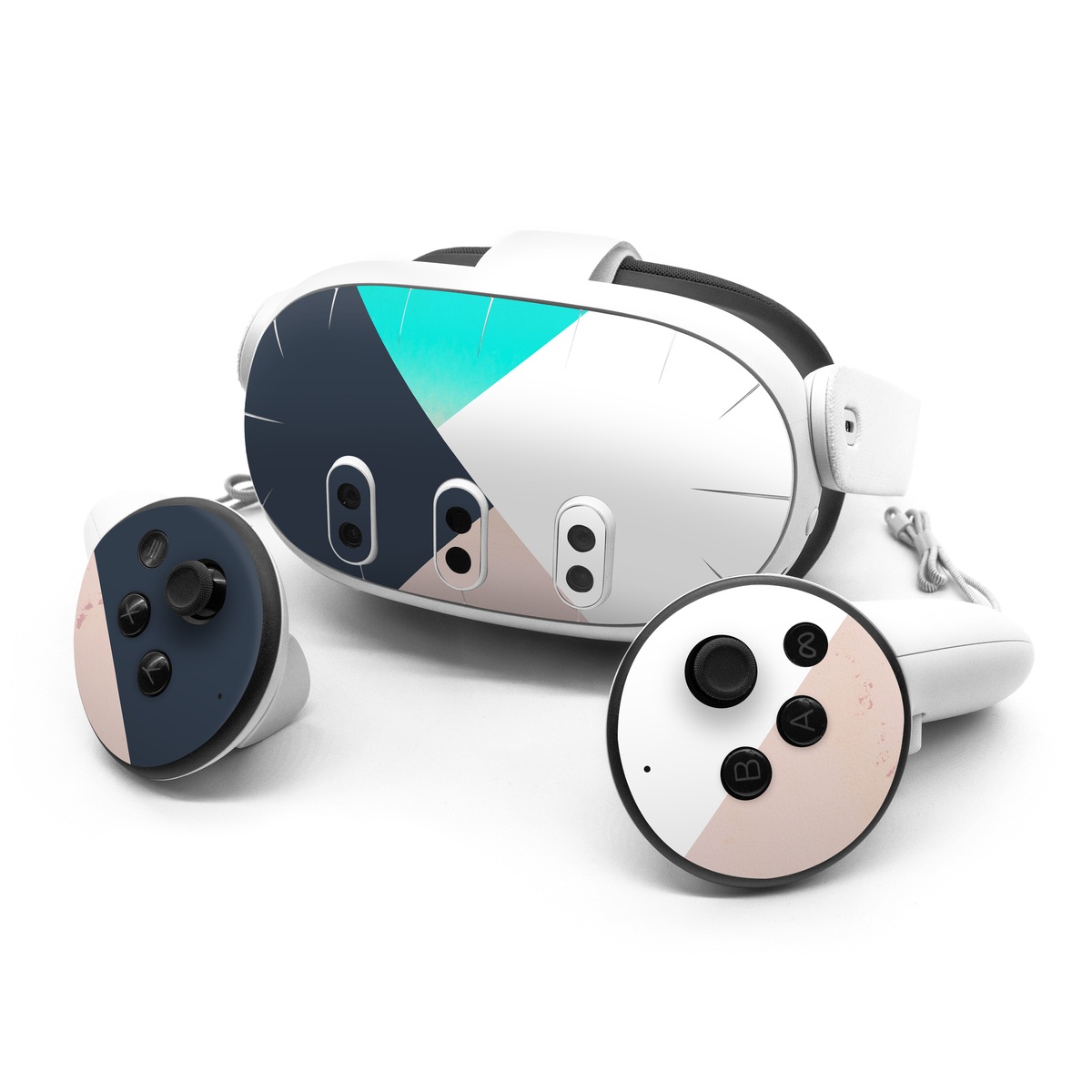 Meta Quest 3 Series Skin design of Blue, Turquoise, Aqua, Line, Triangle, Design, Material property, Graphic design, Pattern, Architecture, with black, white, brown, blue colors