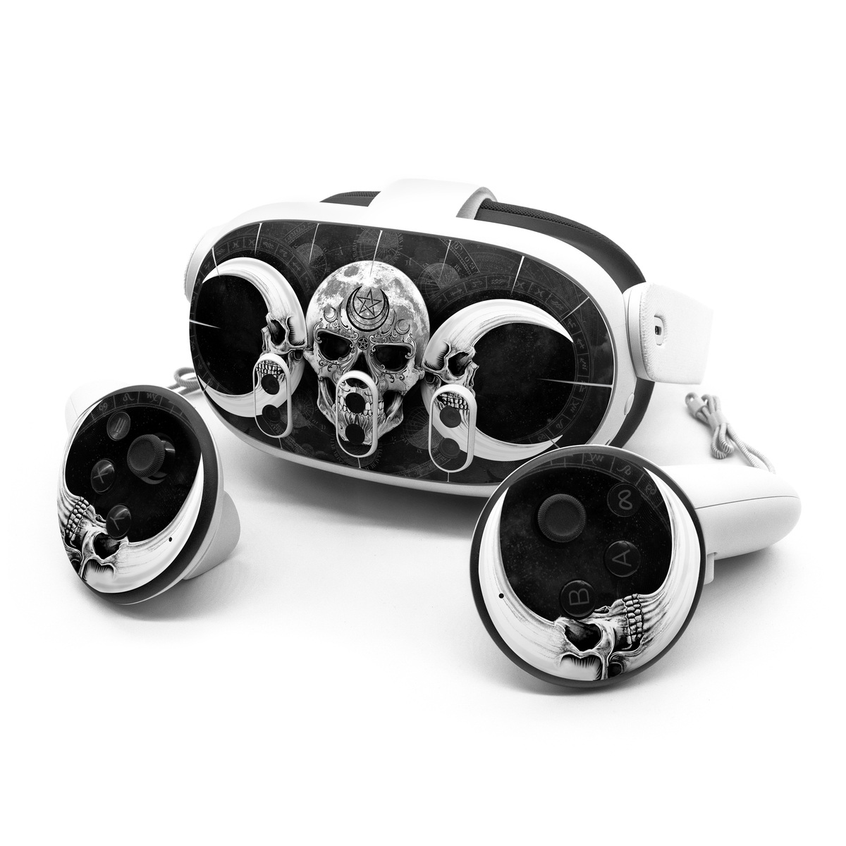 Meta Quest 3 Series Skin design of Bone, Skull, Darkness, Monochrome, Black-and-white, Circle, Symmetry, Visual Arts, Illustration, Skeleton, Drawing, with black, white, gray colors