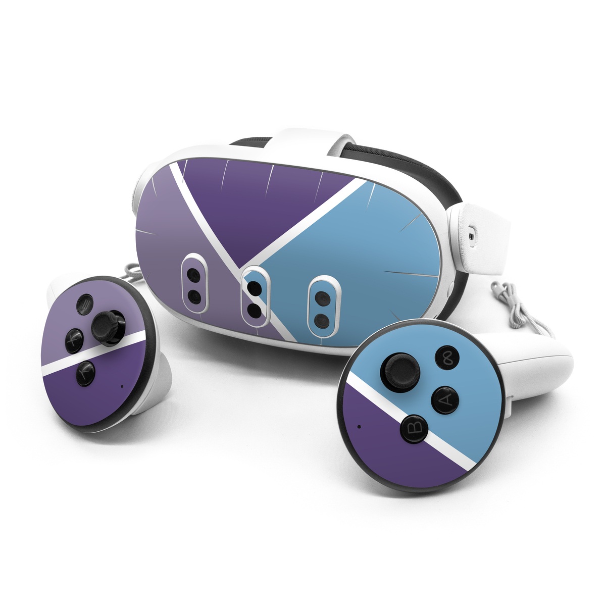 Meta Quest 3 Series Skin design of Violet, Purple, Turquoise, Line, Pattern, Design, Graphic design, Font, Triangle, Magenta, with white, blue, purple colors