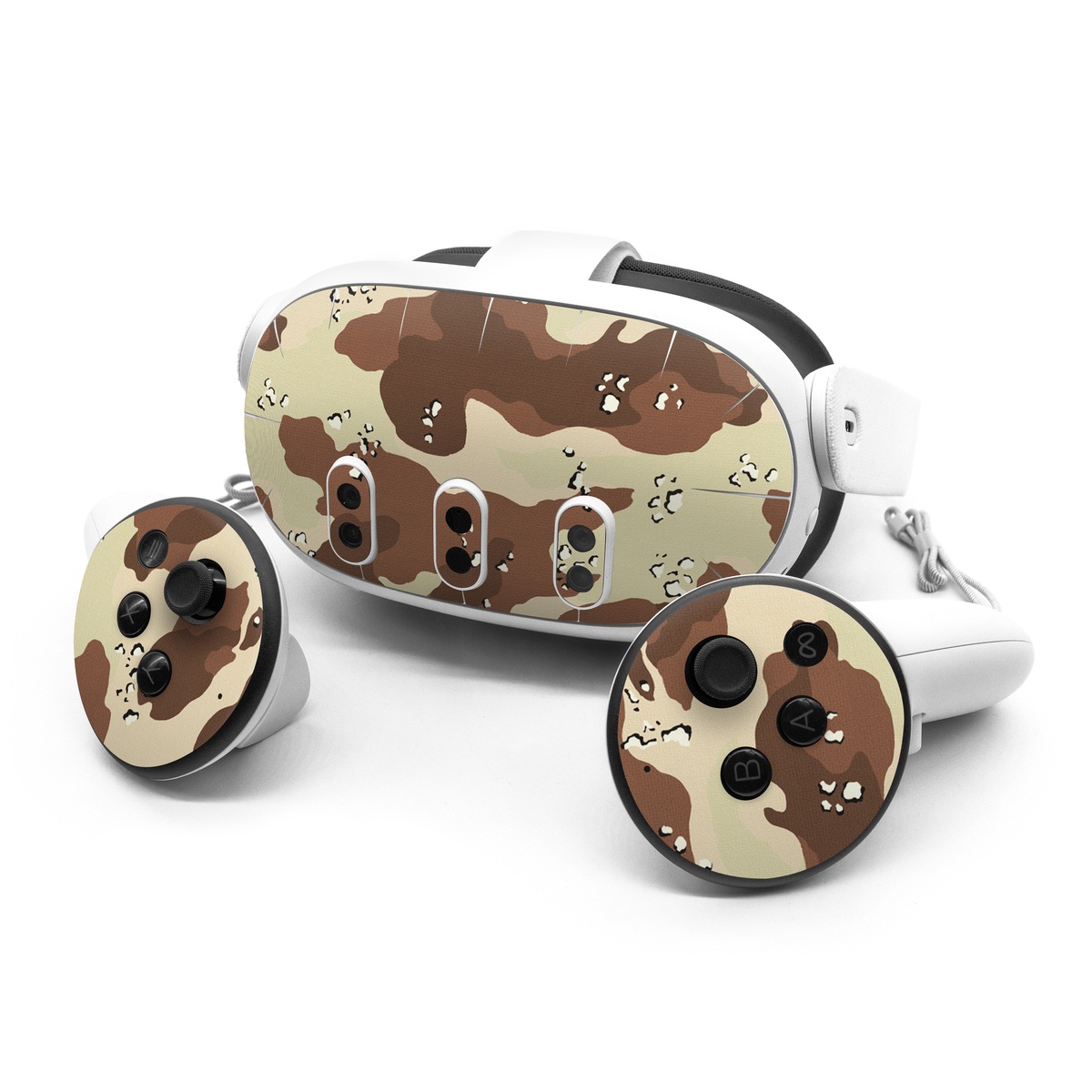 Meta Quest 3 Series Skin design of Military camouflage, Brown, Pattern, Design, Camouflage, Textile, Beige, Illustration, Uniform, Metal, with gray, red, black, green colors