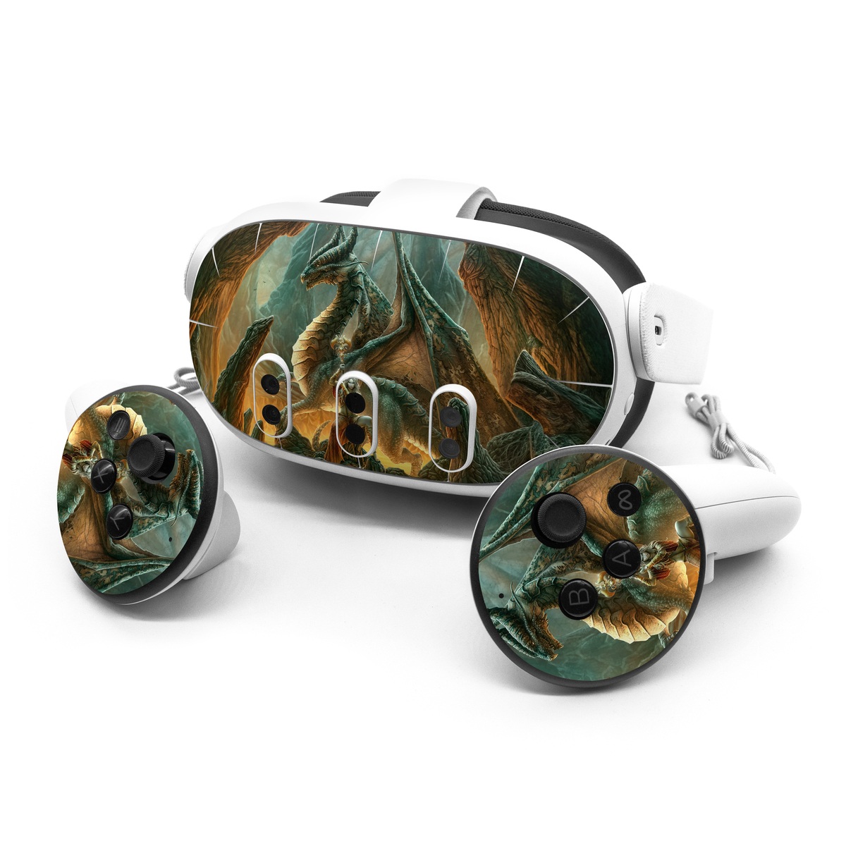 Meta Quest 3 Series Skin design of Dragon, Cg artwork, Mythology, Fictional character, Mythical creature, Art, Illustration, Cryptid, Sculpture, Demon, with black, green, red, gray, blue colors