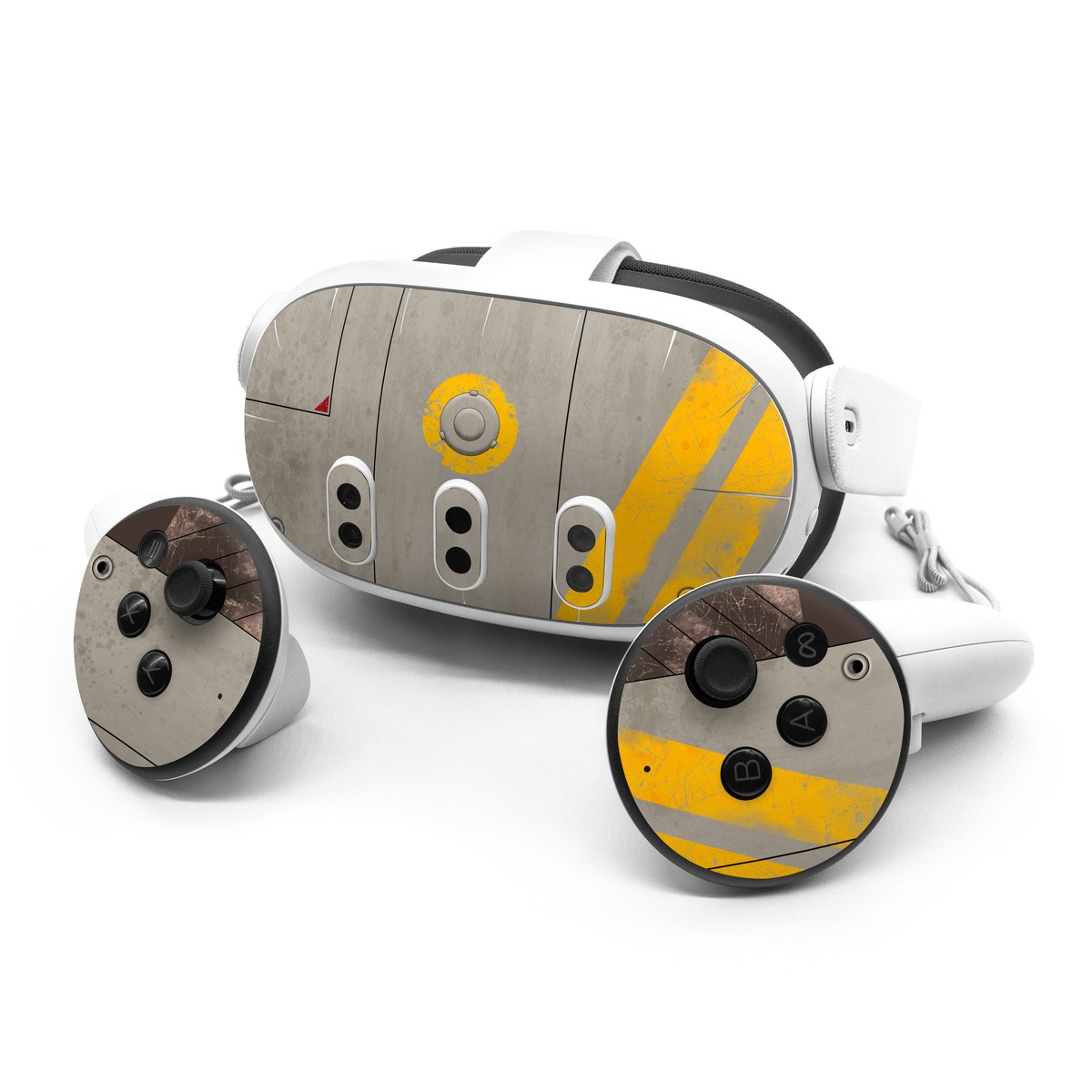 Meta Quest 3 Series Skin design of Yellow, Wall, Line, Orange, Design, Concrete, Font, Architecture, Parallel, Wood, with gray, yellow, red, black colors