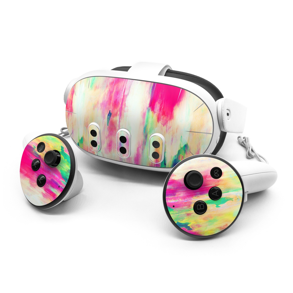 Meta Quest 3 Series Skin design of Pink, Magenta, Art, Watercolor paint, Dye, Visual arts, Pattern, Modern art, Painting, Acrylic paint, with red, white, green colors