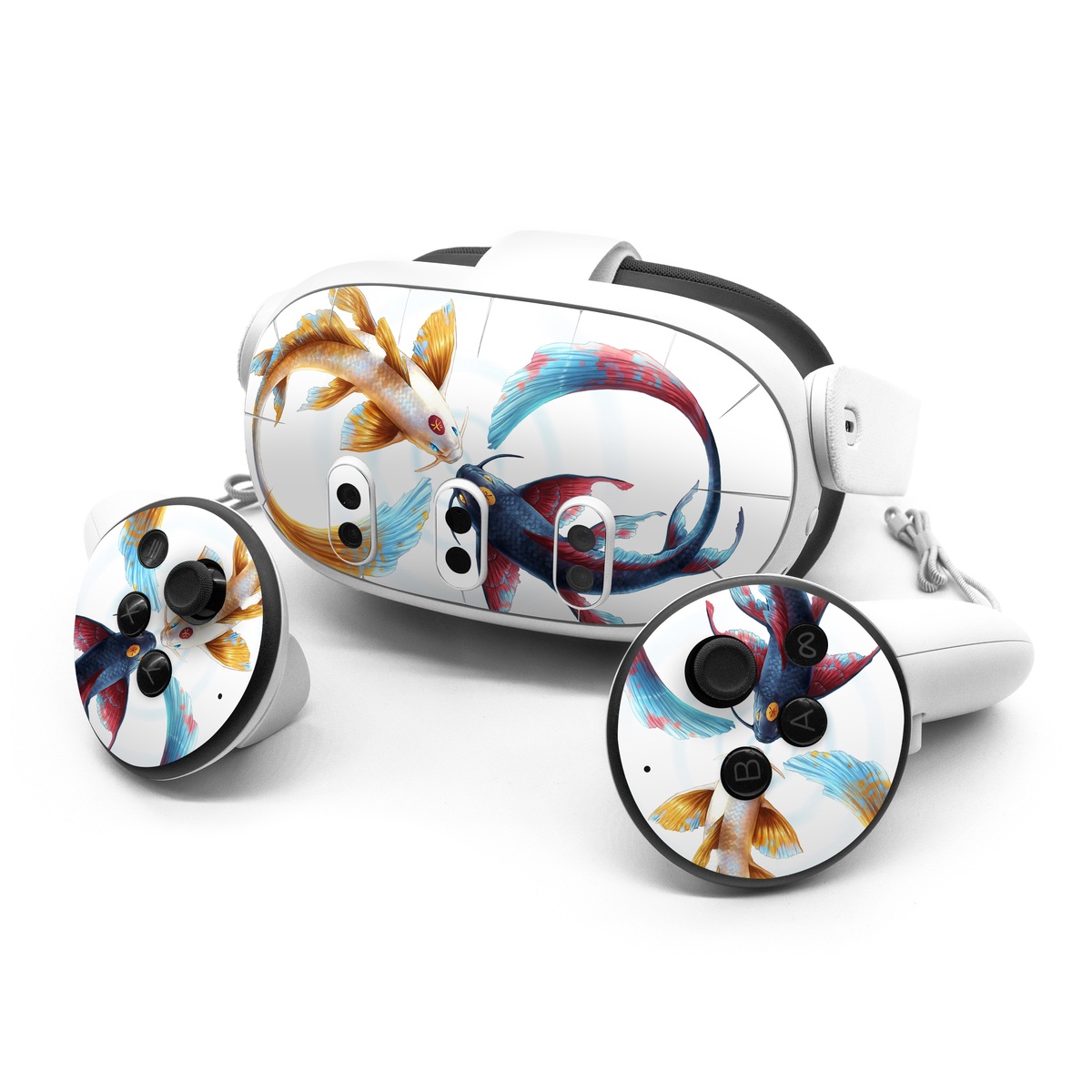 Meta Quest 3 Series Skin design of Marine invertebrates, Art, Wing, Feather, Tree, Beak, Electric blue, Fish, Natural material, Painting, with white, black, yellow, orange, red, blue colors