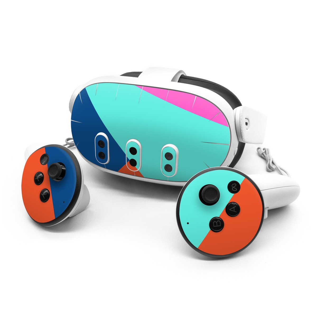 Meta Quest 3 Series Skin design of Blue, Colorfulness, Turquoise, Line, Azure, Triangle, Pattern, Graphic design, Magenta, with blue, pink, orange, red colors