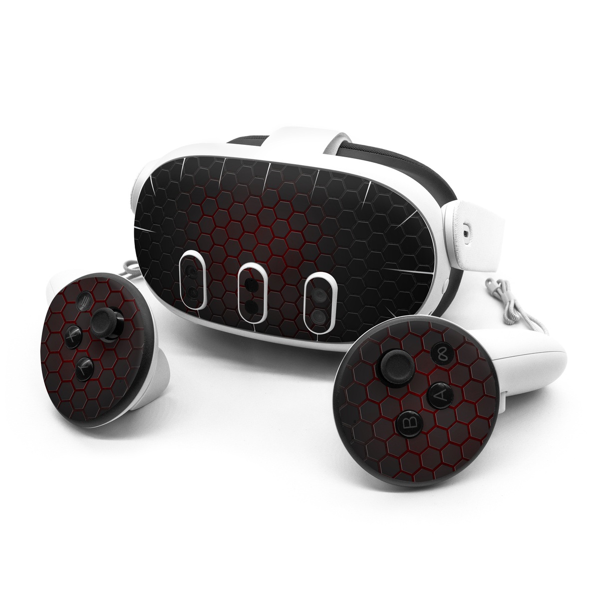 Meta Quest 3 Series Skin design of Black, Pattern, Metal, Design, Mesh, Carbon, Space, Wallpaper, with black, red colors