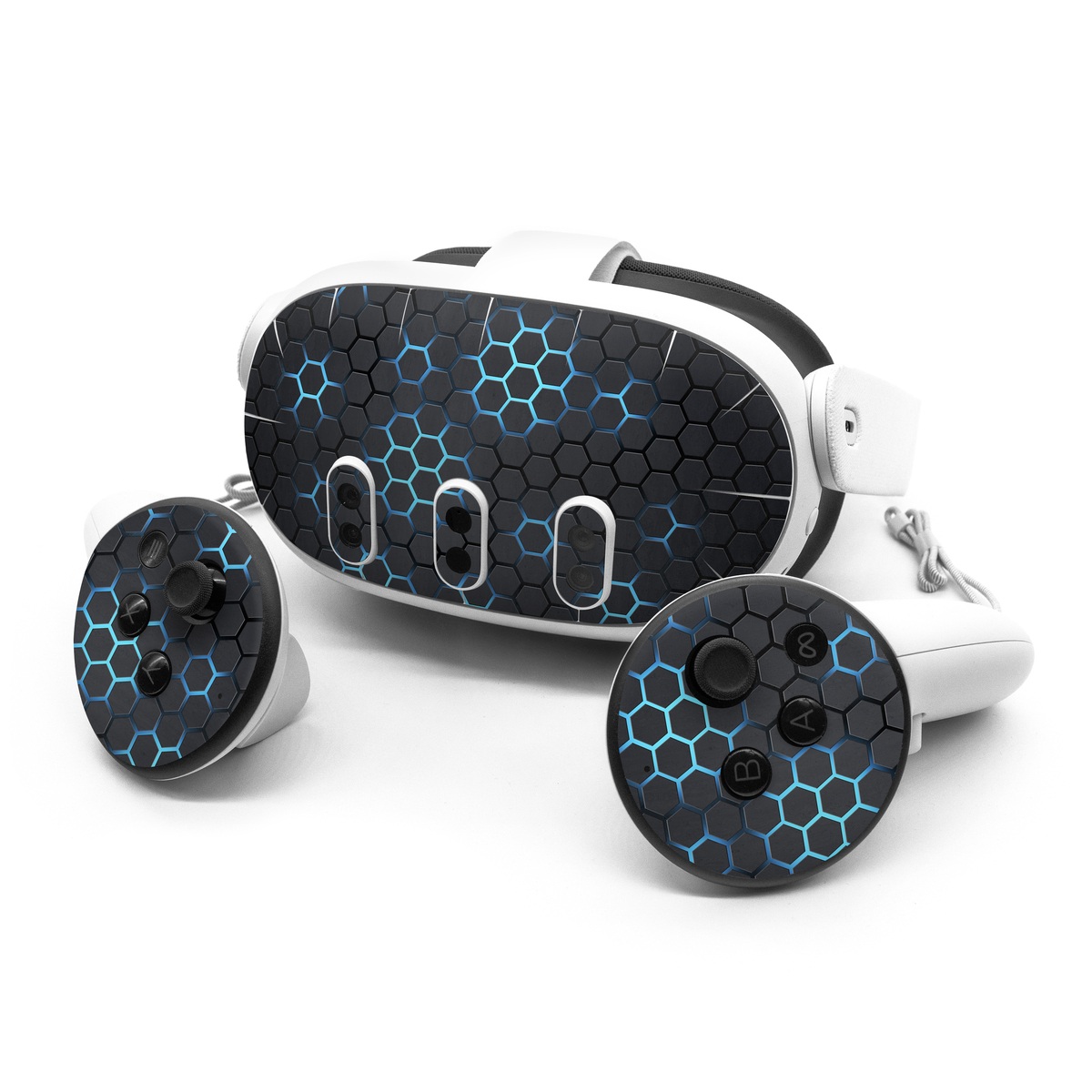 Meta Quest 3 Series Skin design of Pattern, Water, Design, Circle, Metal, Mesh, Sphere, Symmetry, with black, gray, blue colors