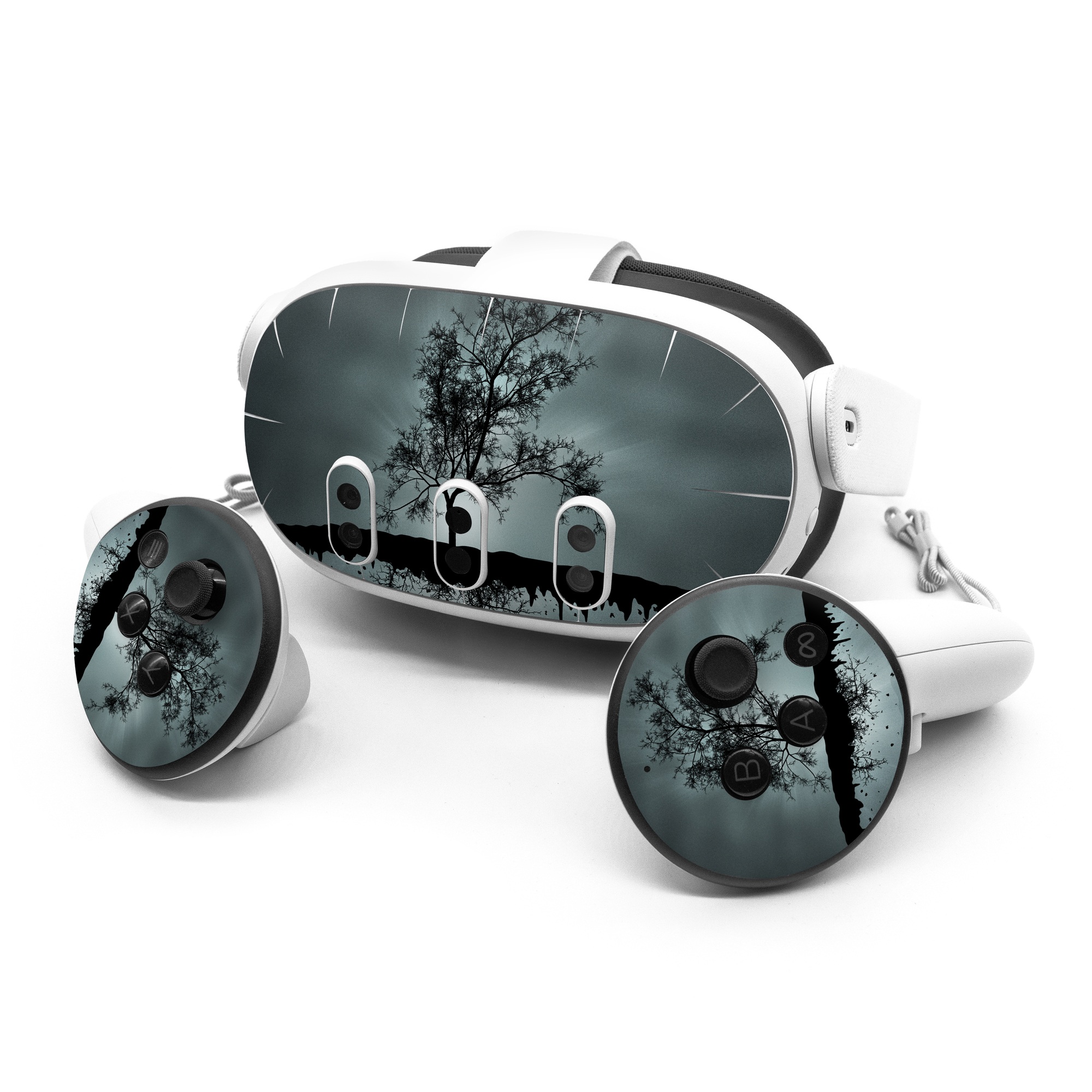 Meta Quest 3 Series Skin design of Reflection, Sky, Nature, Water, Black, Tree, Black-and-white, Monochrome photography, Natural landscape, Atmospheric phenomenon, with black, gray, blue colors