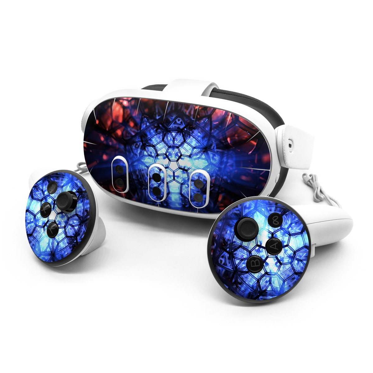 Meta Quest 3 Series Skin design of Blue, Fractal art, Red, Light, Pattern, Lighting, Art, Kaleidoscope, Design, Psychedelic art, with black, blue, red colors