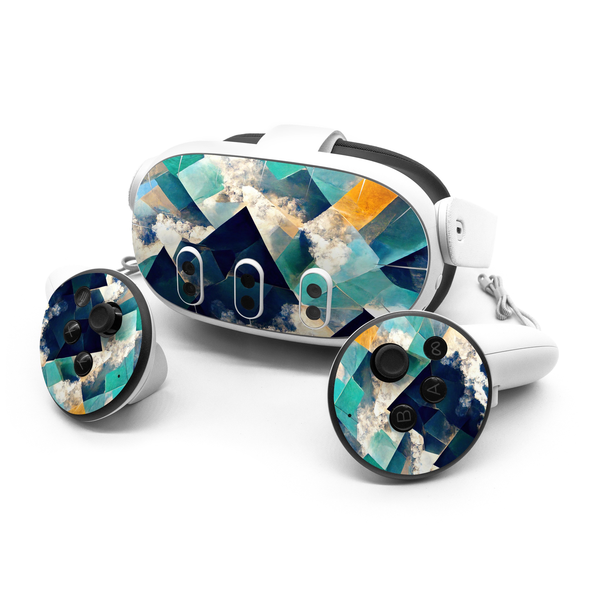 Meta Quest 3 Series Skin design of Daytime, World, Nature, Blue, Azure, Green, Triangle, Rectangle, Architecture, Art, with blue, yellow, white, green colors