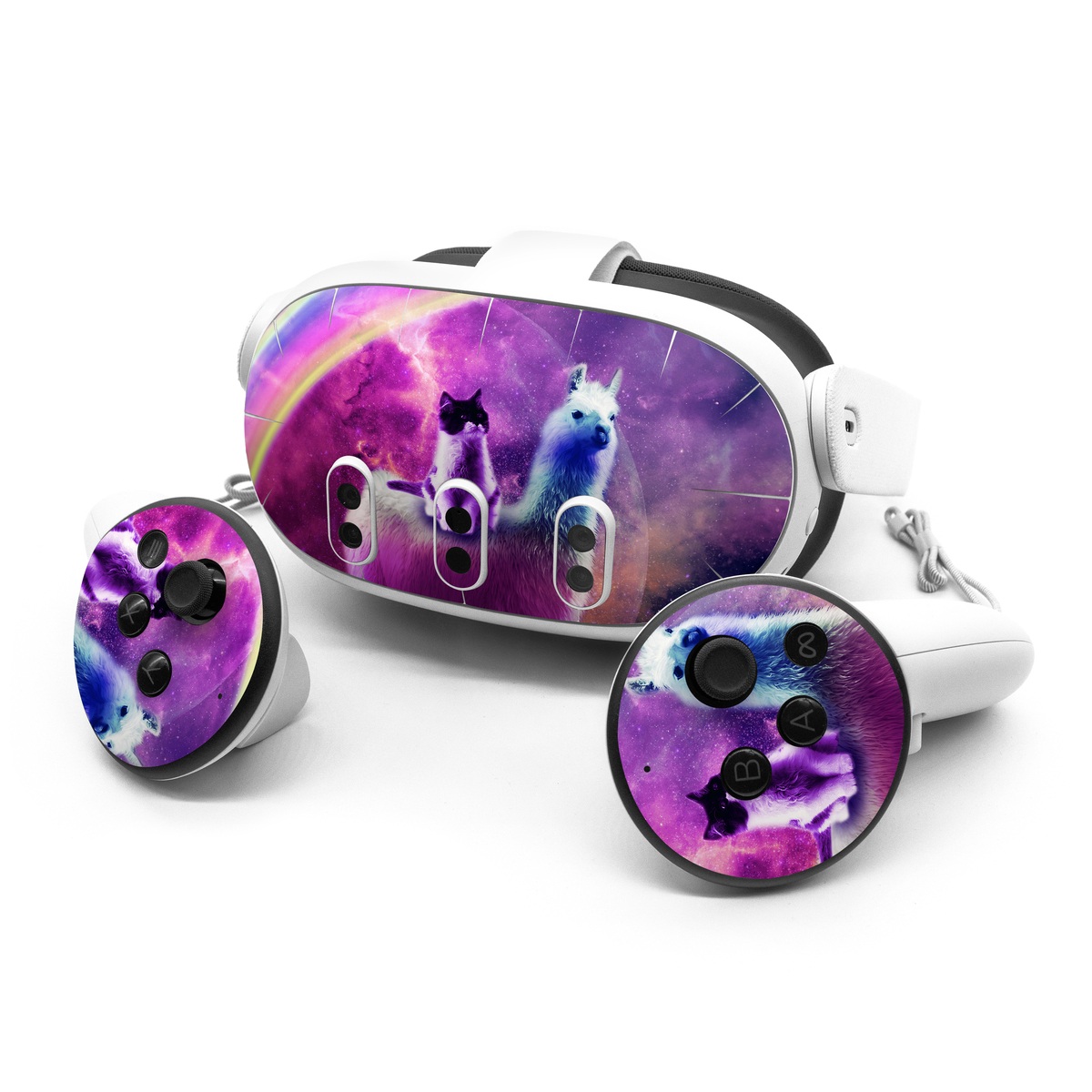 Meta Quest 3 Series Skin design of Llama, Purple, Camelid, Alpaca, Sky, Livestock, Space, with purple, white, blue, pink, yellow, black colors