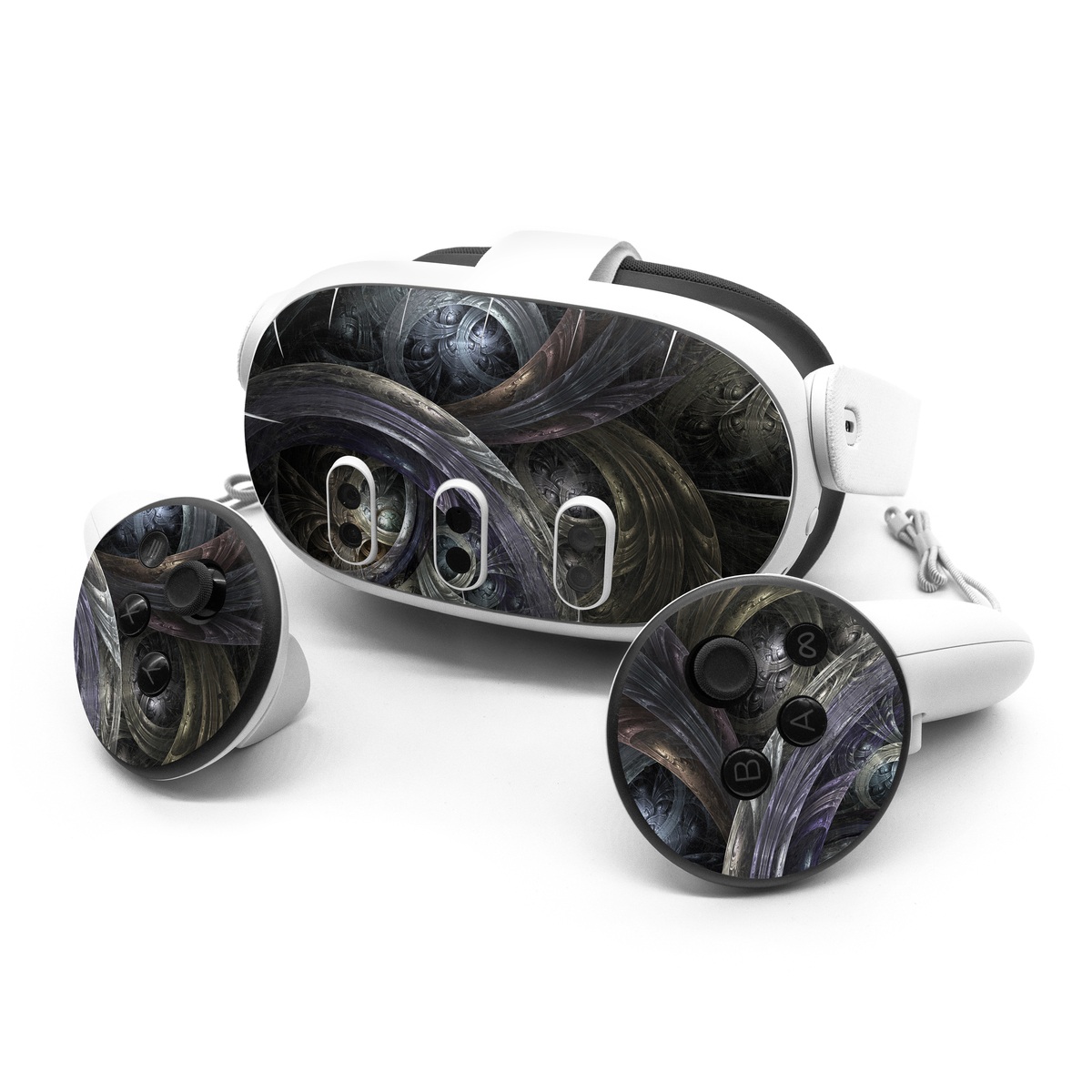 Meta Quest 3 Series Skin design of Fractal art, Graphic design, Art, Cg artwork, Darkness, Circle, Pattern, Illustration, Graphics, Metal, with black, gray, blue colors