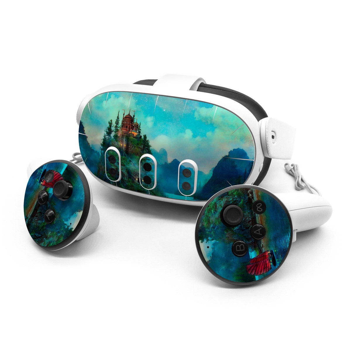 Meta Quest 3 Series Skin design of Nature, Natural landscape, Sky, Painting, Landscape, Illustration, Watercolor paint, Art, Calm, Water castle, with black, gray, blue, green colors