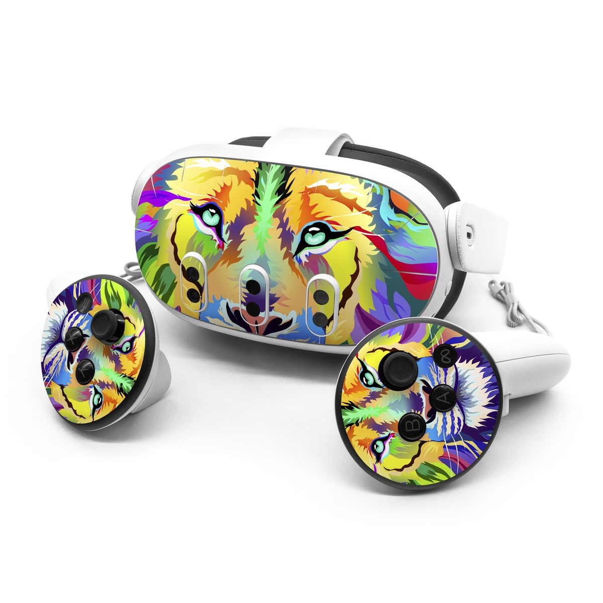 Meta Quest 3 Series Skin design of Bengal tiger, Felidae, Lion, Wildlife, Big cats, Tiger, Carnivore, Art, Illustration, Painting, with orange, yellow, green, red, pink, blue, purple colors