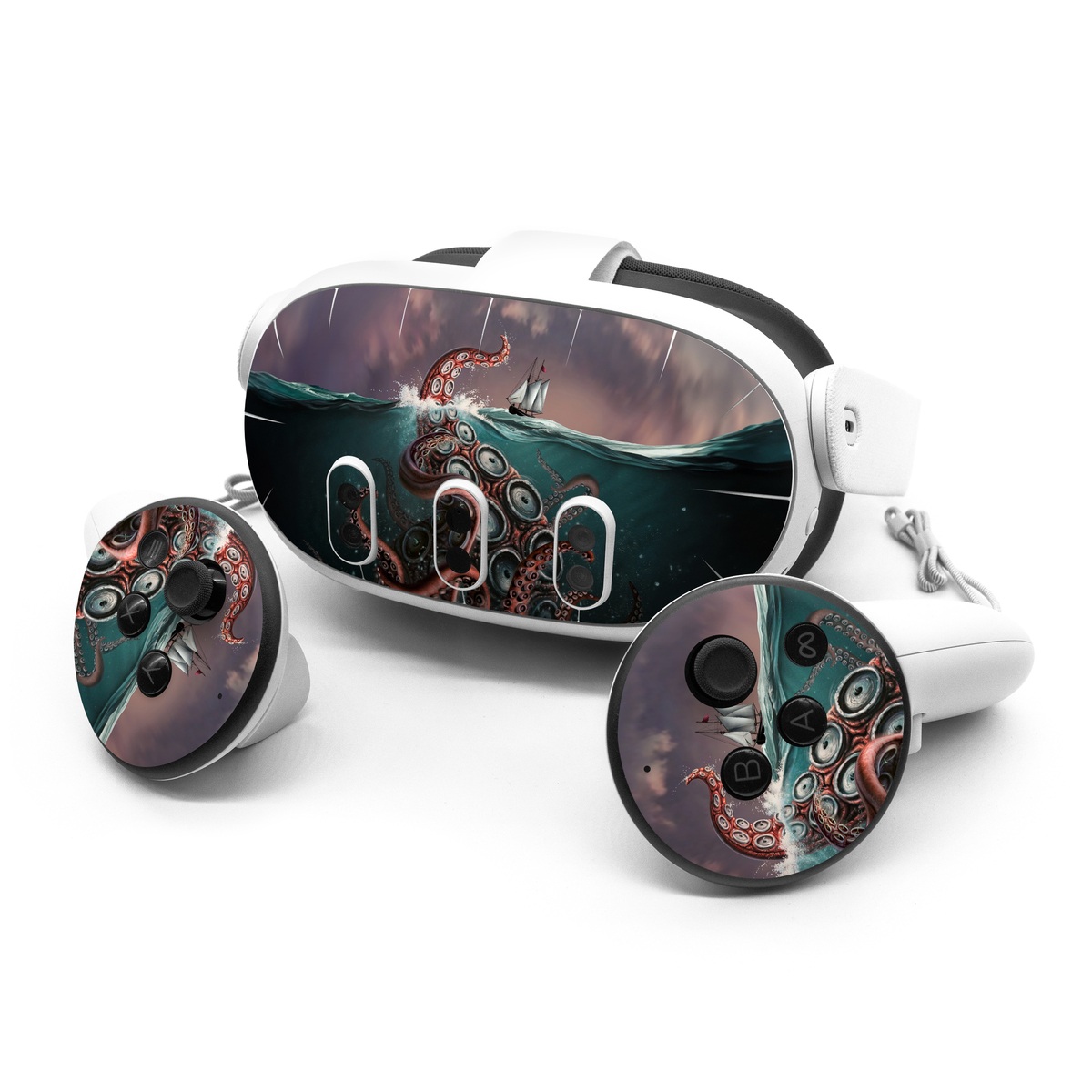 Meta Quest 3 Series Skin design of Octopus, Water, Illustration, Wind wave, Sky, Graphic design, Organism, Cephalopod, Cg artwork, giant pacific octopus, with blue, gray, white, brown, red colors