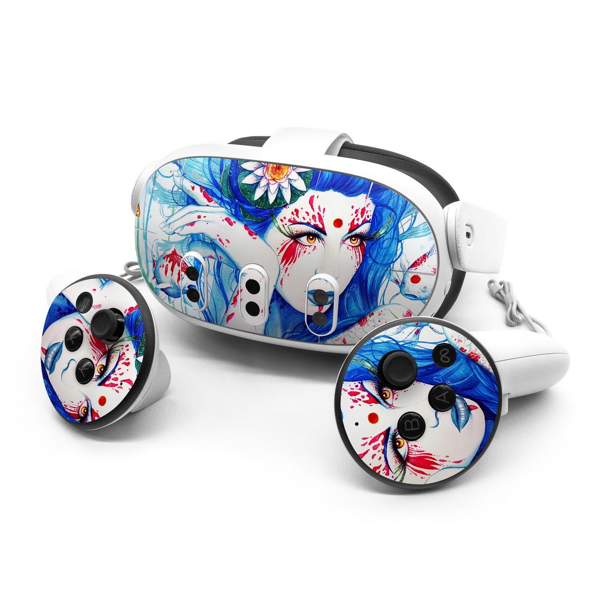 Meta Quest 3 Series Skin design of Hairstyle, Paint, Art paint, Blue, Painting, Eyelash, Art, Artist, Electric blue, Illustration, with white, blue, red, yellow, green, orange colors