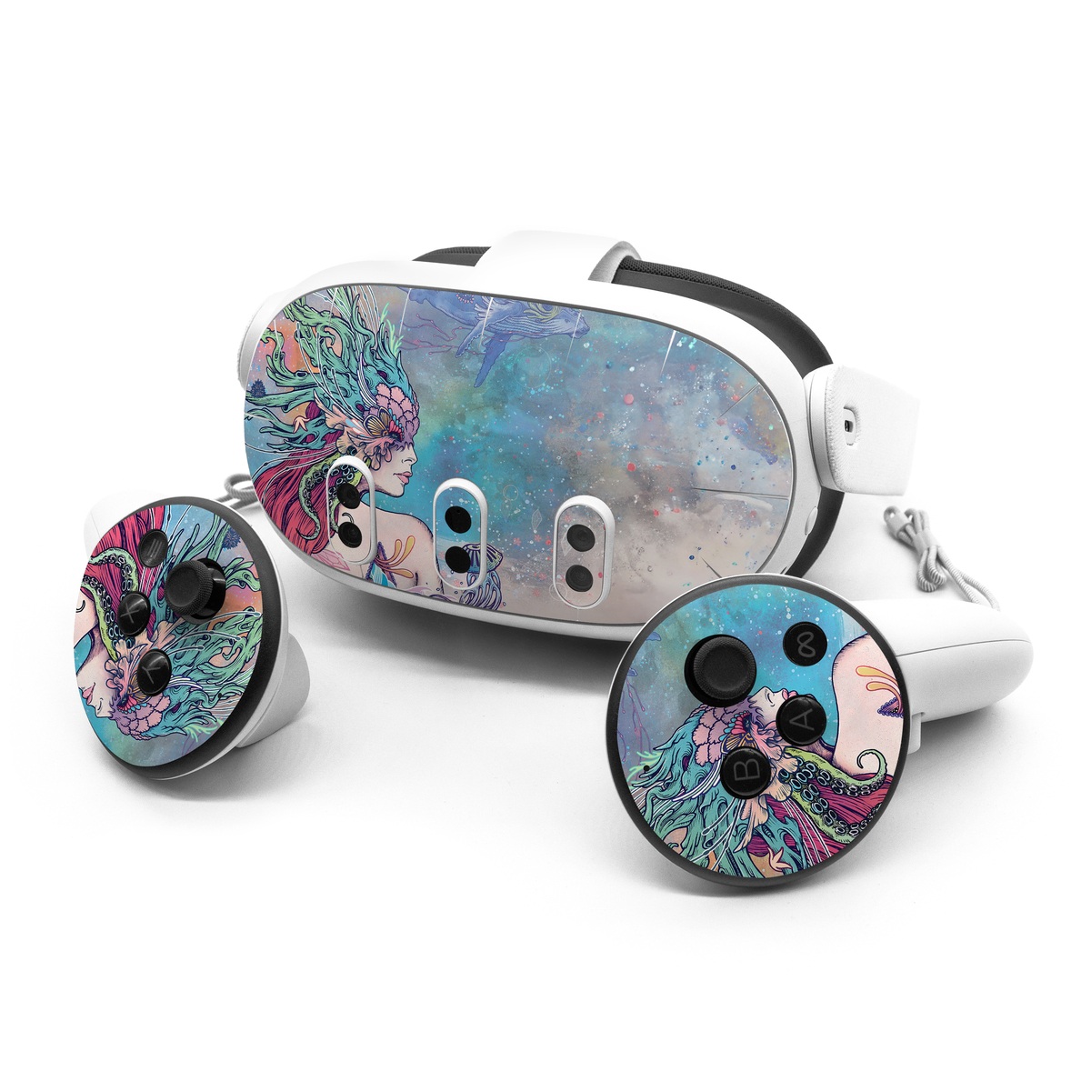 Meta Quest 3 Series Skin design of Illustration, Fictional character, Art, Cg artwork, Fiction, Mythology, Painting, Mermaid, with blue, purple, green, red, yellow, pink colors