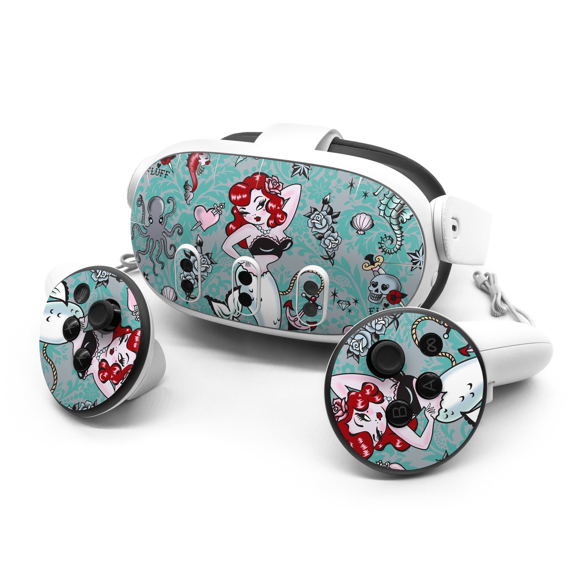 Meta Quest 3 Series Skin design of Mermaid, Illustration, Fictional character, Organism, Art, Pattern, Style, with gray, blue, black, red, white, pink colors