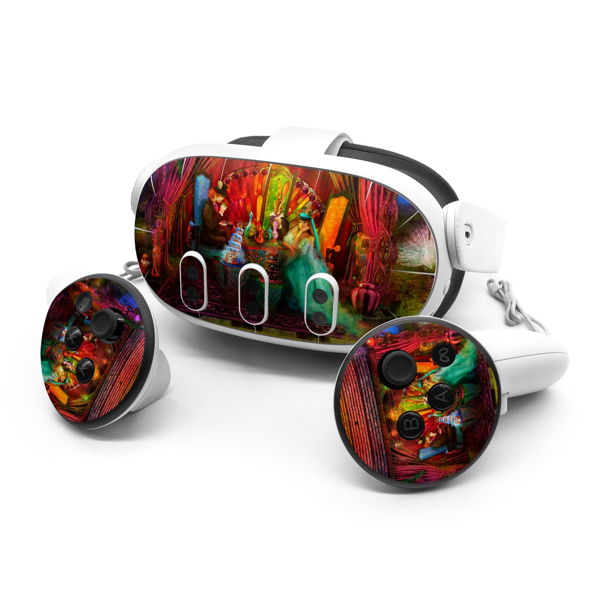 Meta Quest 3 Series Skin design of Hindu temple, Temple, Art, Painting, Place of worship, Stage, Fictional character, with black, red, green, blue, gray colors