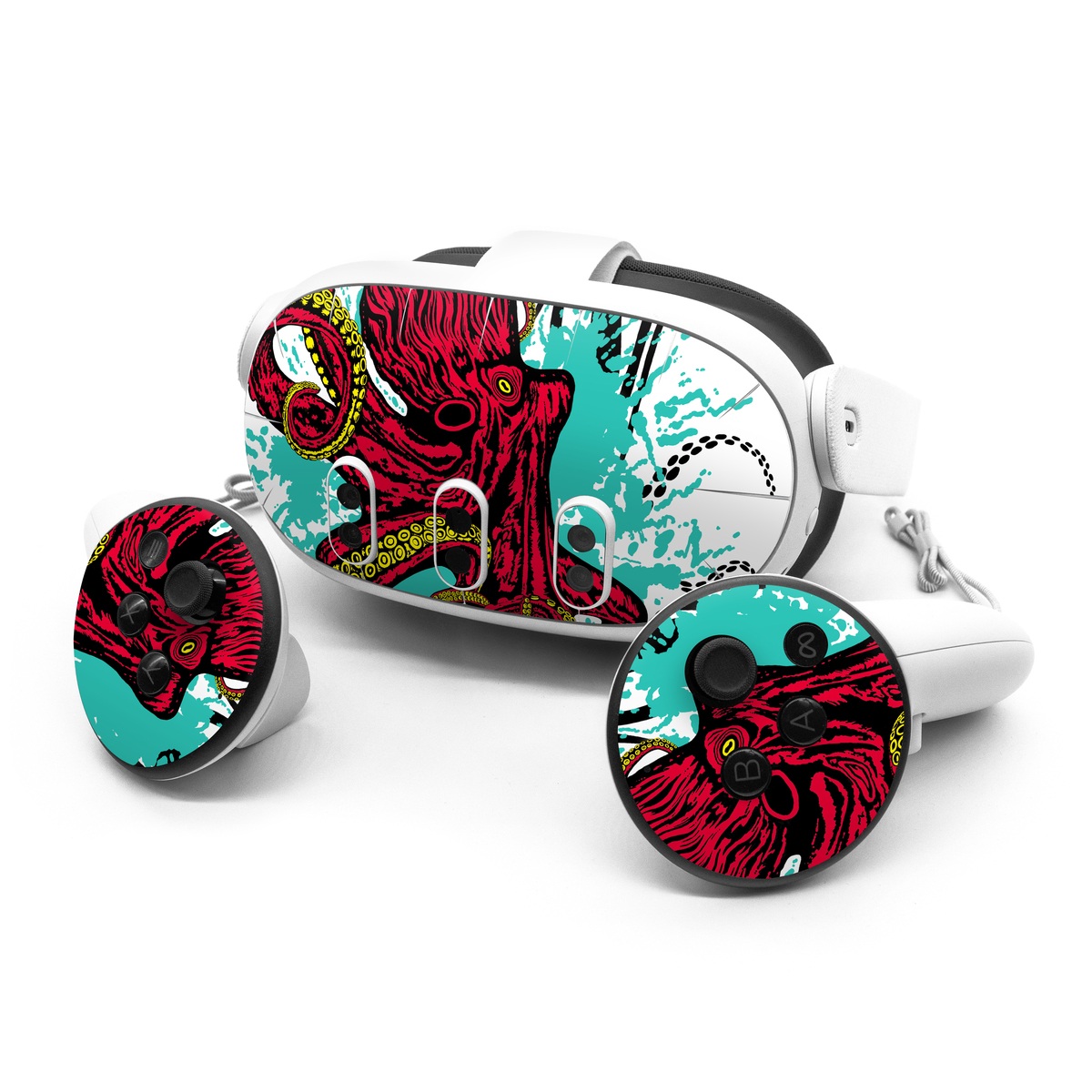 Meta Quest 3 Series Skin design of Graphic design, Illustration, Visual arts, Octopus, Design, Art, Fictional character, Pattern, Clip art, Line art, with black, white, gray, red, blue, green colors