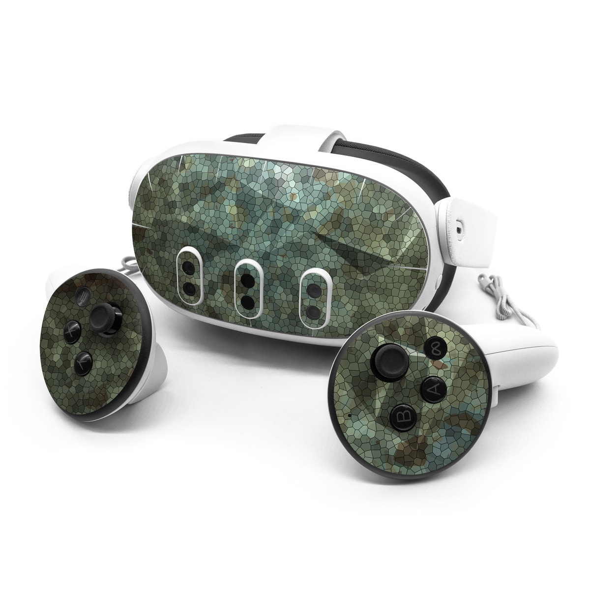 Meta Quest 3 Series Skin design of Green, Pattern, Brown, Wall, Design, Rock, Geology, Camouflage, Granite, Metal, with black, brown, blue, gray, white colors