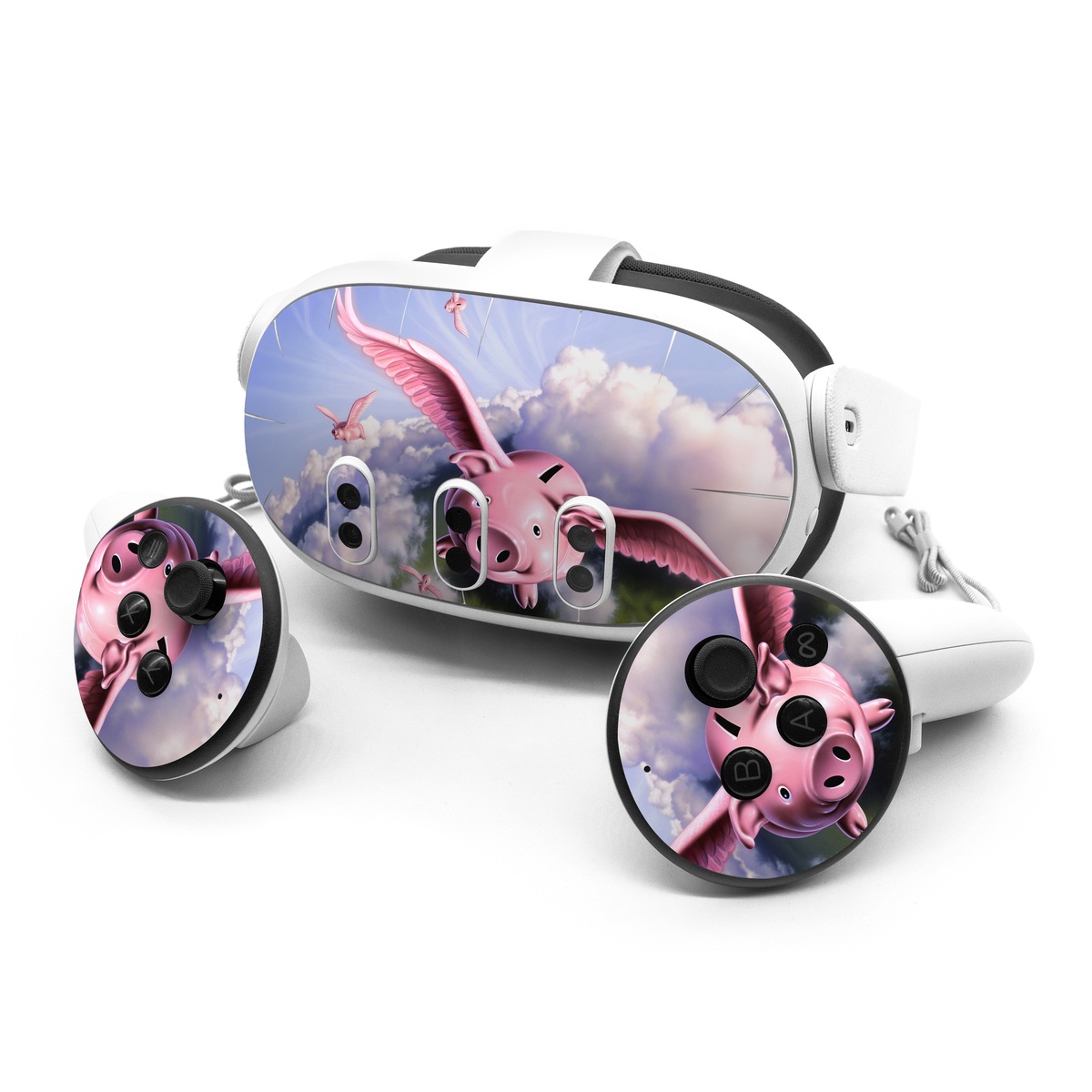 Meta Quest 3 Series Skin design of Cloud, Sky, Happy, Pink, Bird, Art, Wing, Snout, Wind, Fictional character, with pink, white, blue, gray, green colors