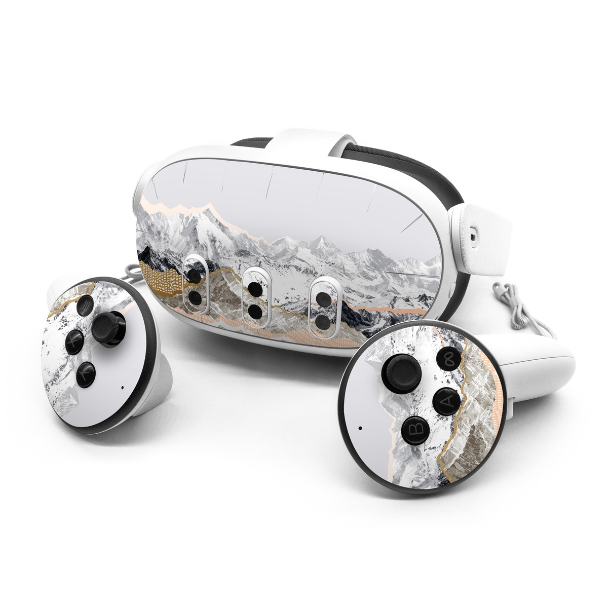 Meta Quest 3 Series Skin design of White, Mountainous landforms, Mountain, Mountain range, Glacial landform, Geological phenomenon, Sky, Ridge, Geology, Glacier, with white, yellow, brown, gray, black colors