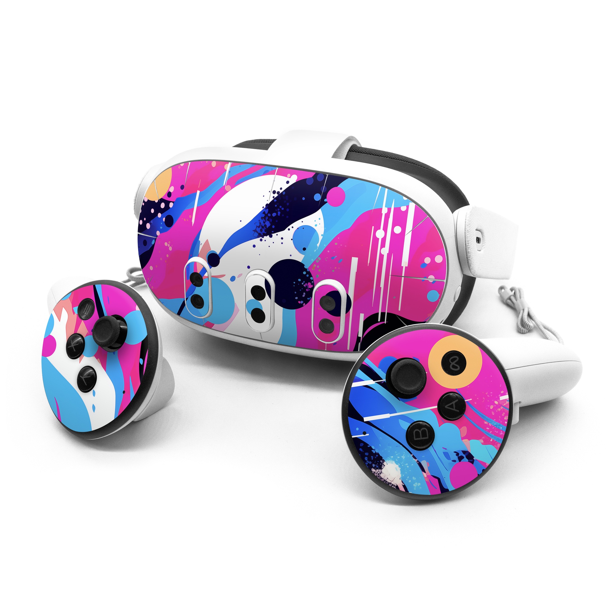 Meta Quest 3 Series Skin design of Organism, Art, Line, Font, Magenta, Art paint, Paint, Pattern, Electric blue, Tints and shades, with pink, blue, white, black, orange colors