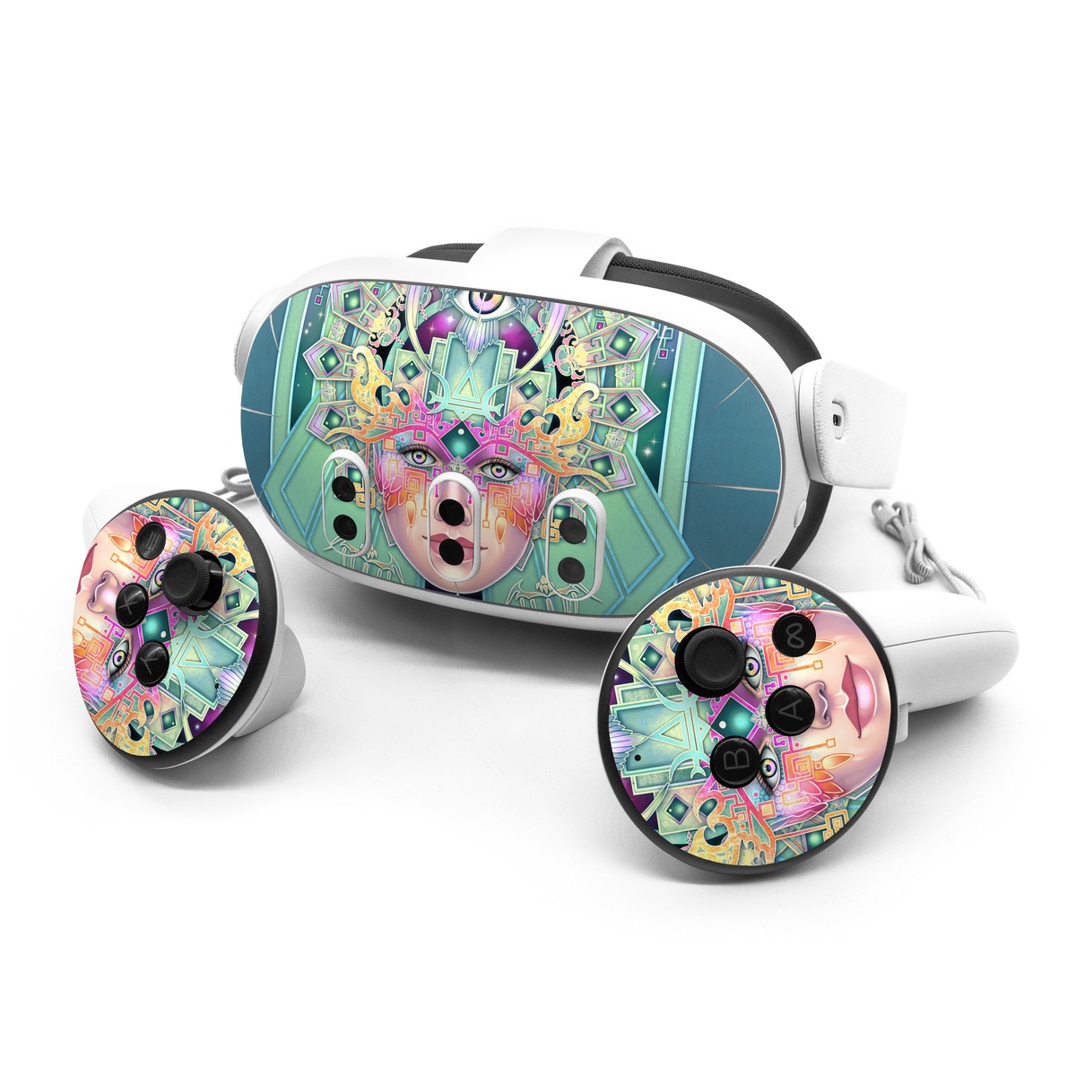 Meta Quest 3 Series Skin design of Head, Eye, Eyelash, Font, Art, Magenta, Rectangle, Painting, Illustration, Pattern, with blue, green, yellow, red, purple, white colors