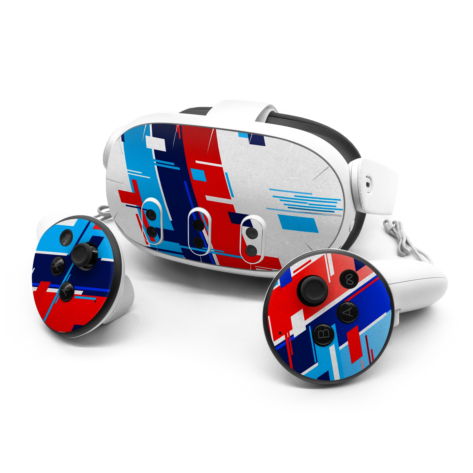 Meta Quest 3 Series Skin design of Azure, Font, Material property, Parallel, Electric blue, Slope, Graphics, Carmine, Brand, Rectangle, with gray, blue, black, red, purple colors