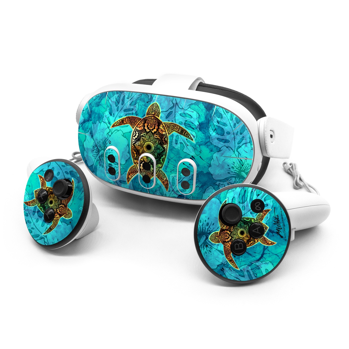 Meta Quest 3 Series Skin design of Sea turtle, Green sea turtle, Turtle, Hawksbill sea turtle, Tortoise, Reptile, Loggerhead sea turtle, Illustration, Art, Pattern, with blue, black, green, gray, red colors