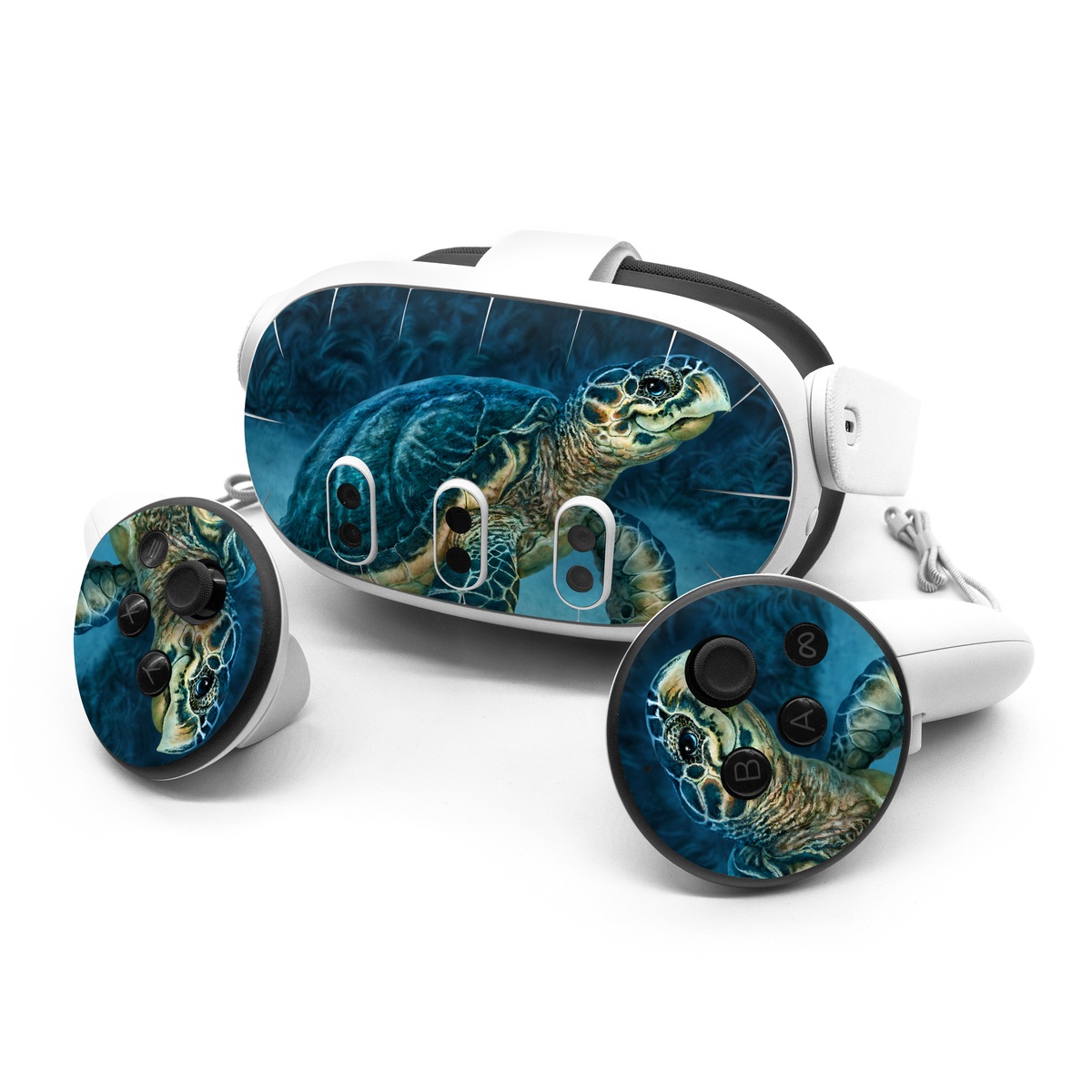 Meta Quest 3 Series Skin design of Water, Nature, Organism, Reptile, Turtle, Hawksbill sea turtle, Underwater, Wildlife, Sea turtle, Reef, with green, gray, blue, white colors