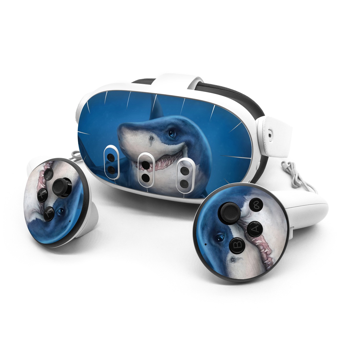 Meta Quest 3 Series Skin design of Fish, Great white shark, Shark, Tiger shark, Cartilaginous fish, Requiem shark, Lamniformes, Bull shark, Carcharhiniformes, with black, blue, gray colors