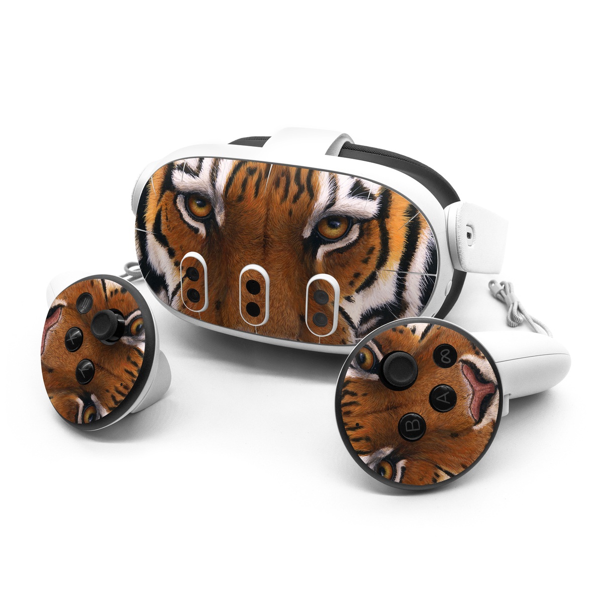 Meta Quest 3 Series Skin design of Tiger, Mammal, Wildlife, Terrestrial animal, Vertebrate, Bengal tiger, Whiskers, Siberian tiger, Felidae, Snout, with black, gray, red, green, pink colors