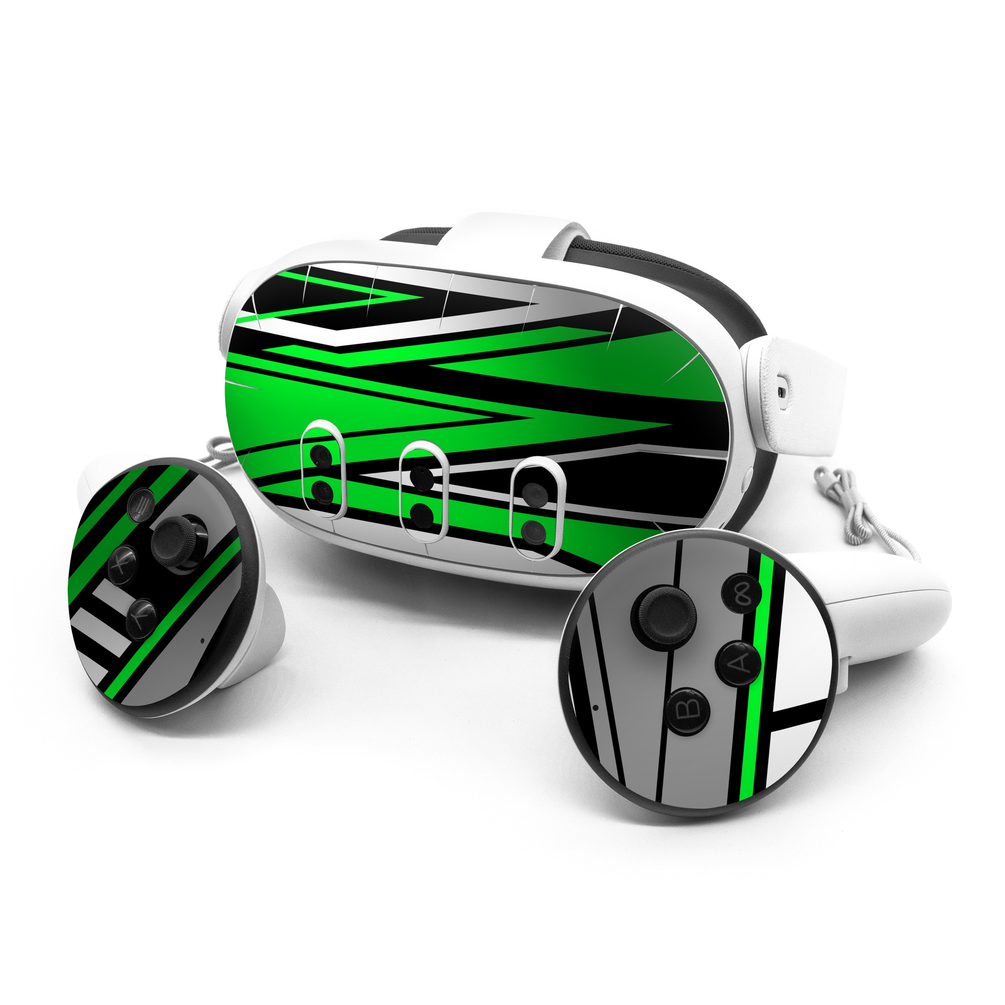 Meta Quest 3 Series Skin design of Colorfulness, Green, Rectangle, Slope, Font, Line, Material property, Parallel, Tints and shades, Graphics, with black, green, white, gray colors