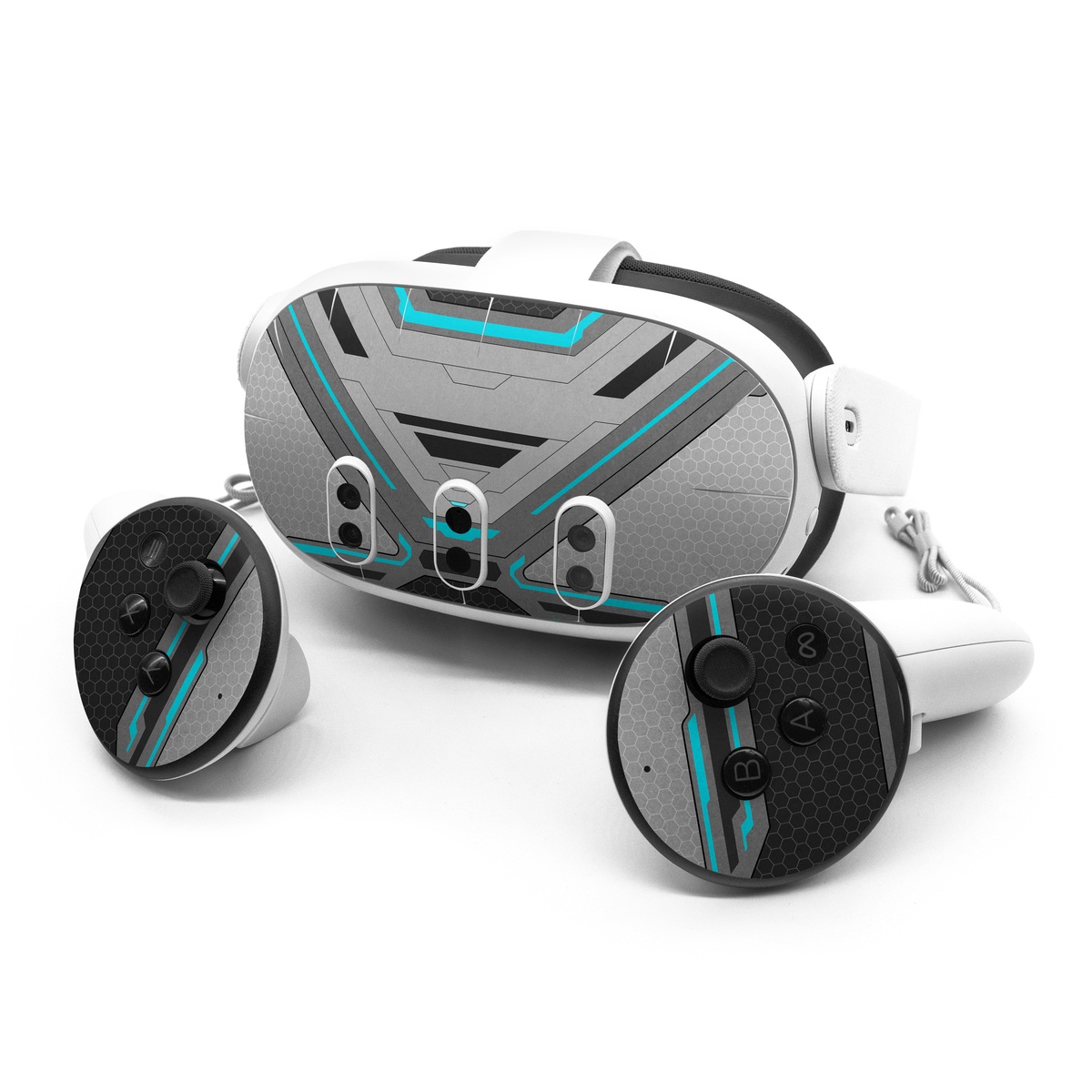 Meta Quest 3 Series Skin design of Blue, Turquoise, Pattern, Teal, Symmetry, Design, Line, Automotive design, Font, with black, gray, blue colors