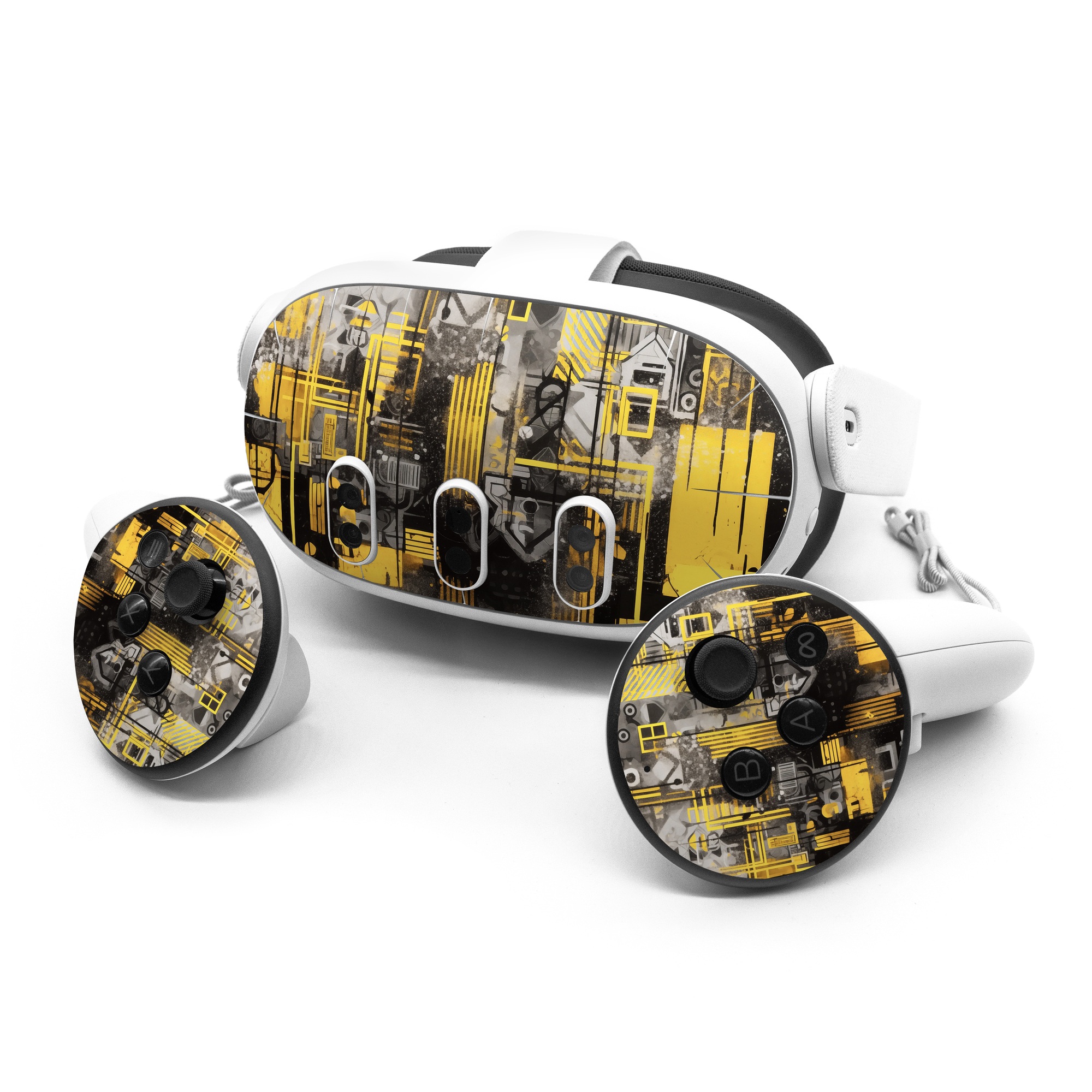 Meta Quest 3 Series Skin design of Rectangle, Yellow, Font, Art, City, Engineering, Tints and shades, Pattern, Symmetry, Space, with black, white, gray, yellow colors