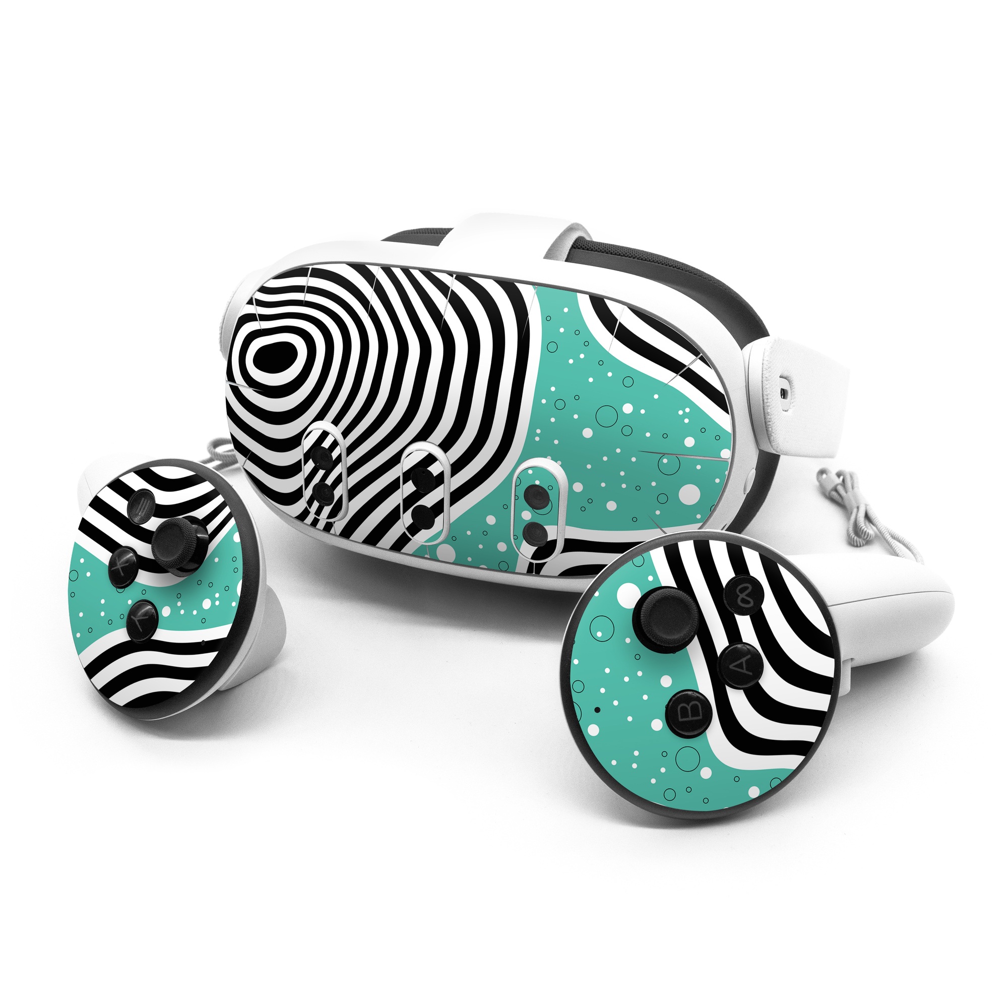 Meta Quest 3 Series Skin design of White, Rectangle, Art, Line, Aqua, Pattern, Electric blue, Visual arts, Font, Graphics, with white, black, blue, green colors