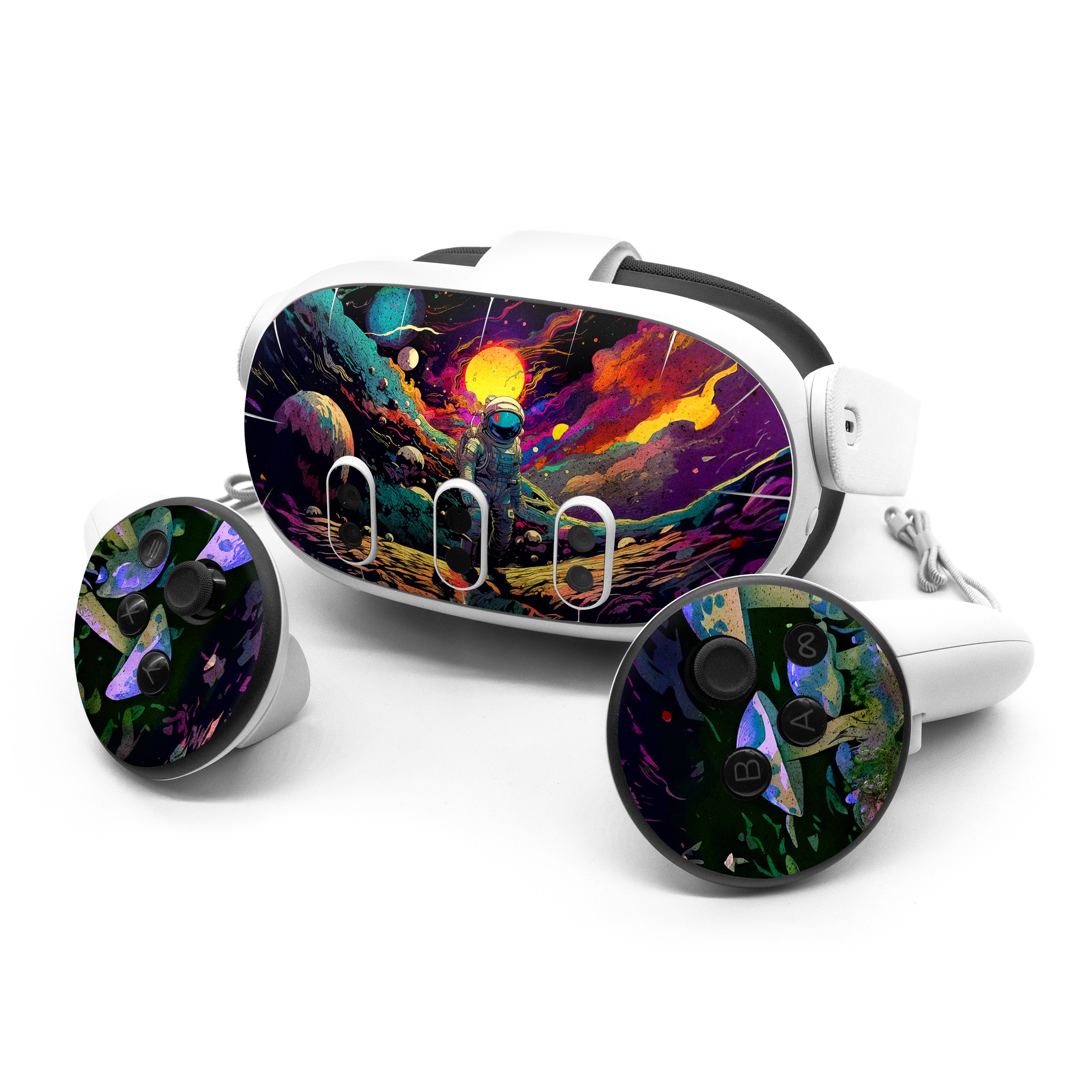 Meta Quest 3 Series Skin design of Light, Nature, Purple, Umbrella, Plant, Art, Terrestrial plant, Natural landscape, Astronomical object, Space, with black, white, purple, red, gray, orange, yellow, blue, green, brown colors