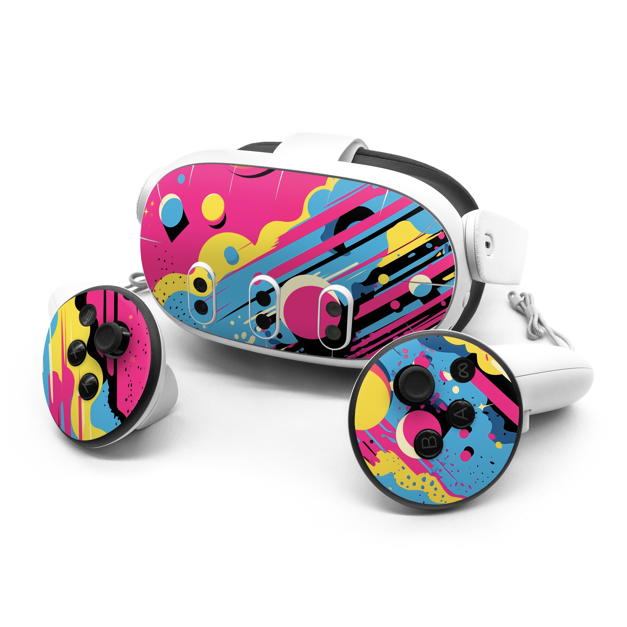 Meta Quest 3 Series Skin design of Colorfulness, Paint, Art, Font, Line, Material property, Magenta, Pattern, Illustration, Circle, with pink, yellow, blue, black, white colors