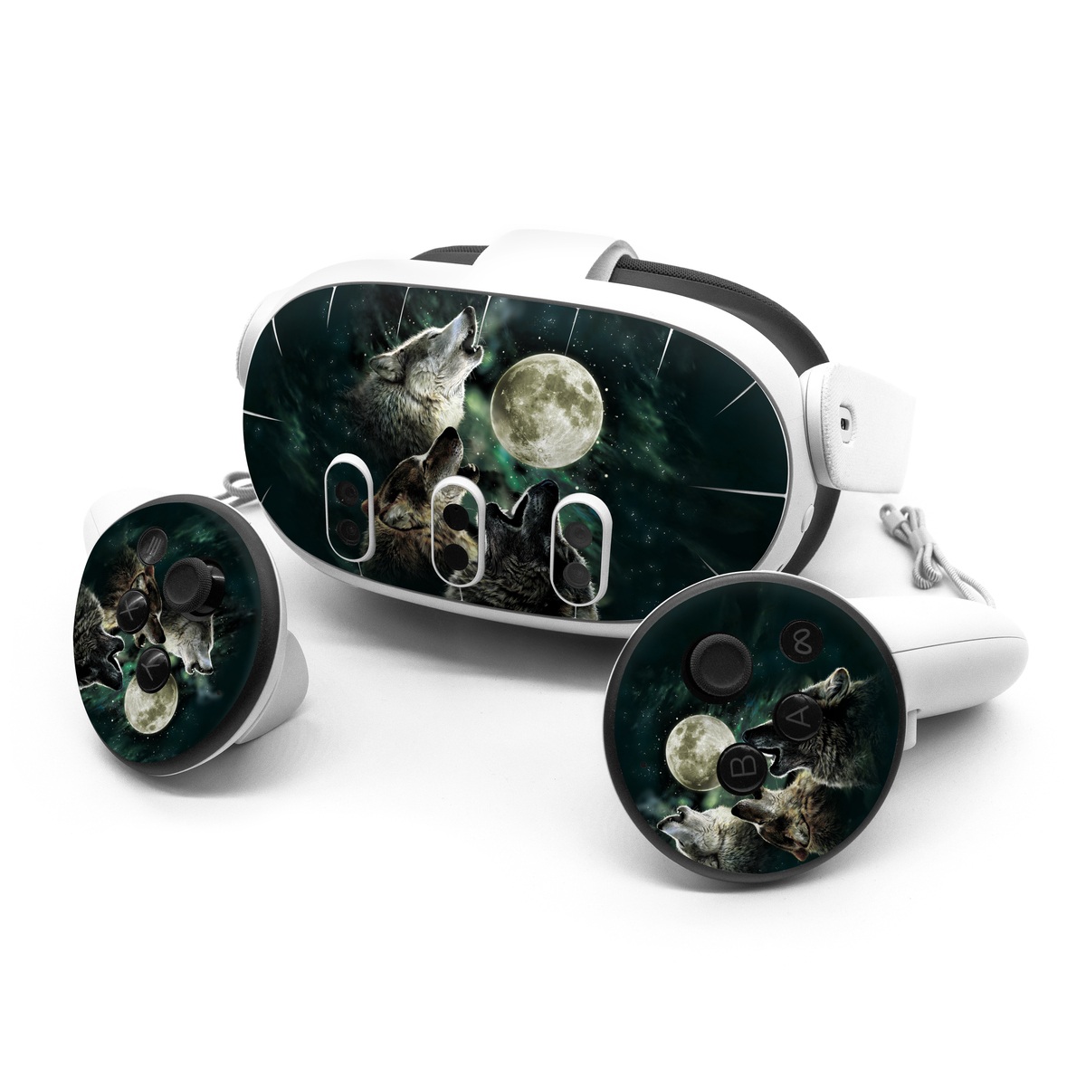 Meta Quest 3 Series Skin design of Wolf, Light, Astronomical object, Moon, Wildlife, Organism, Moonlight, Sky, Atmosphere, Celestial event, with black, gray, green colors
