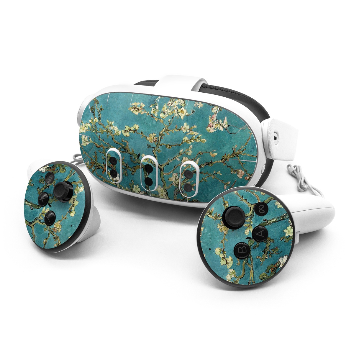 Meta Quest 3 Series Skin design of Tree, Branch, Plant, Flower, Blossom, Spring, Woody plant, Perennial plant, with blue, black, gray, green colors
