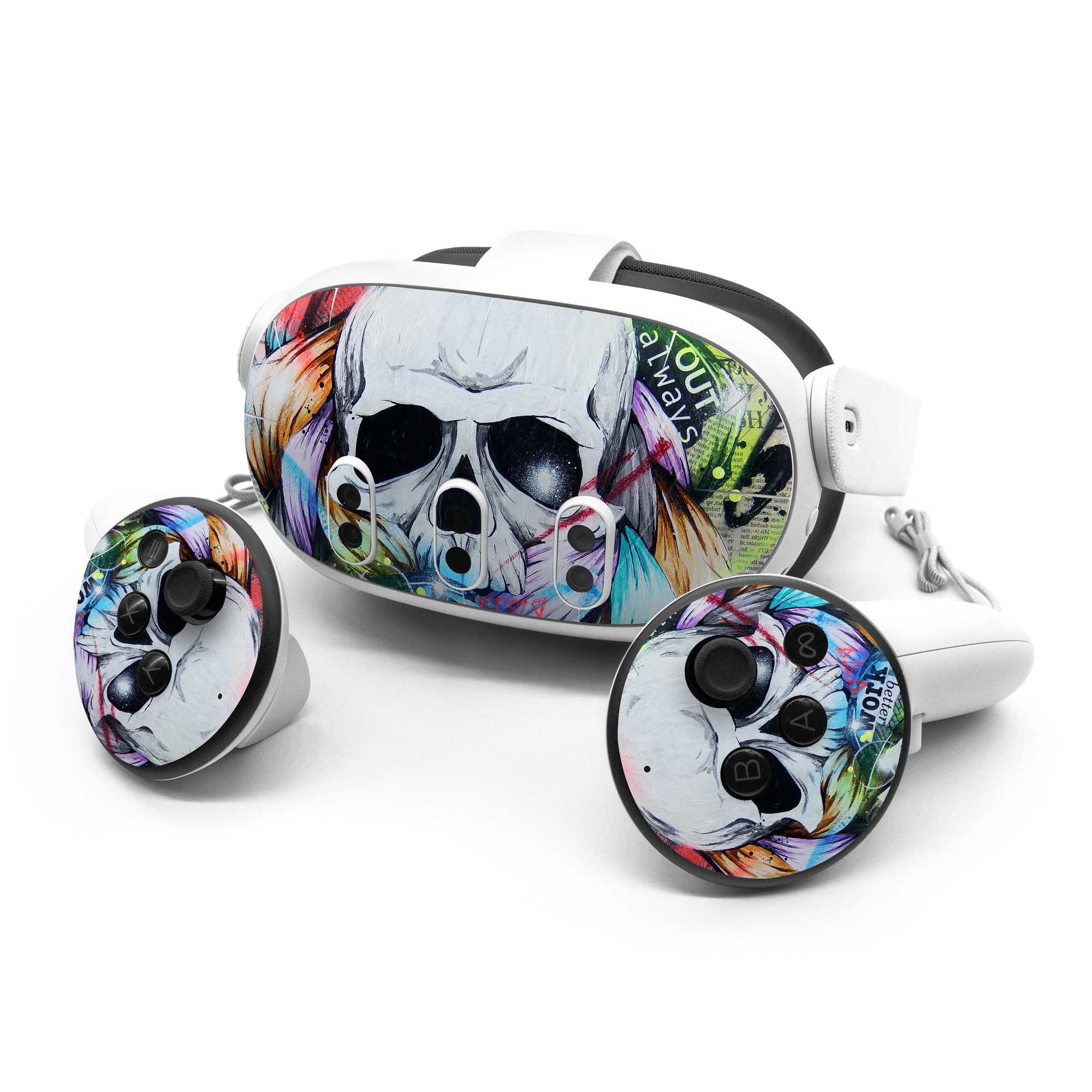 Meta Quest 3 Series Skin design of Street art, Text, Graphic design, Font, Illustration, Art, Graffiti, Skull, Poster, Advertising, with gray, black, red, green, blue colors