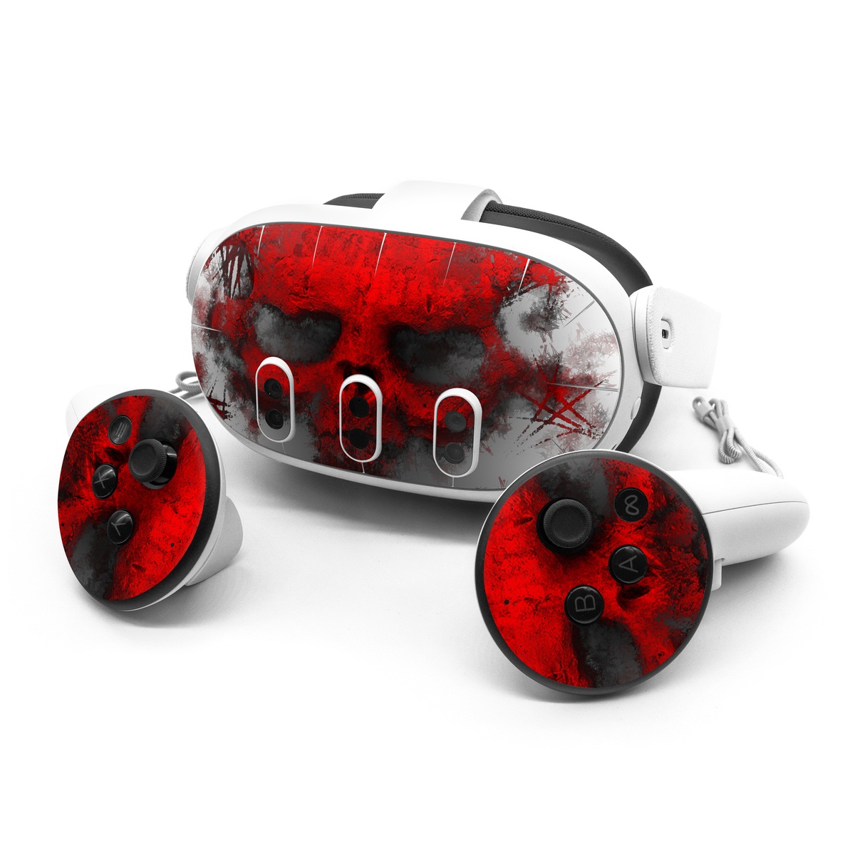 Meta Quest 3 Series Skin design of Red, Graphic design, Skull, Illustration, Bone, Graphics, Art, Fictional character, with red, gray, black, white colors