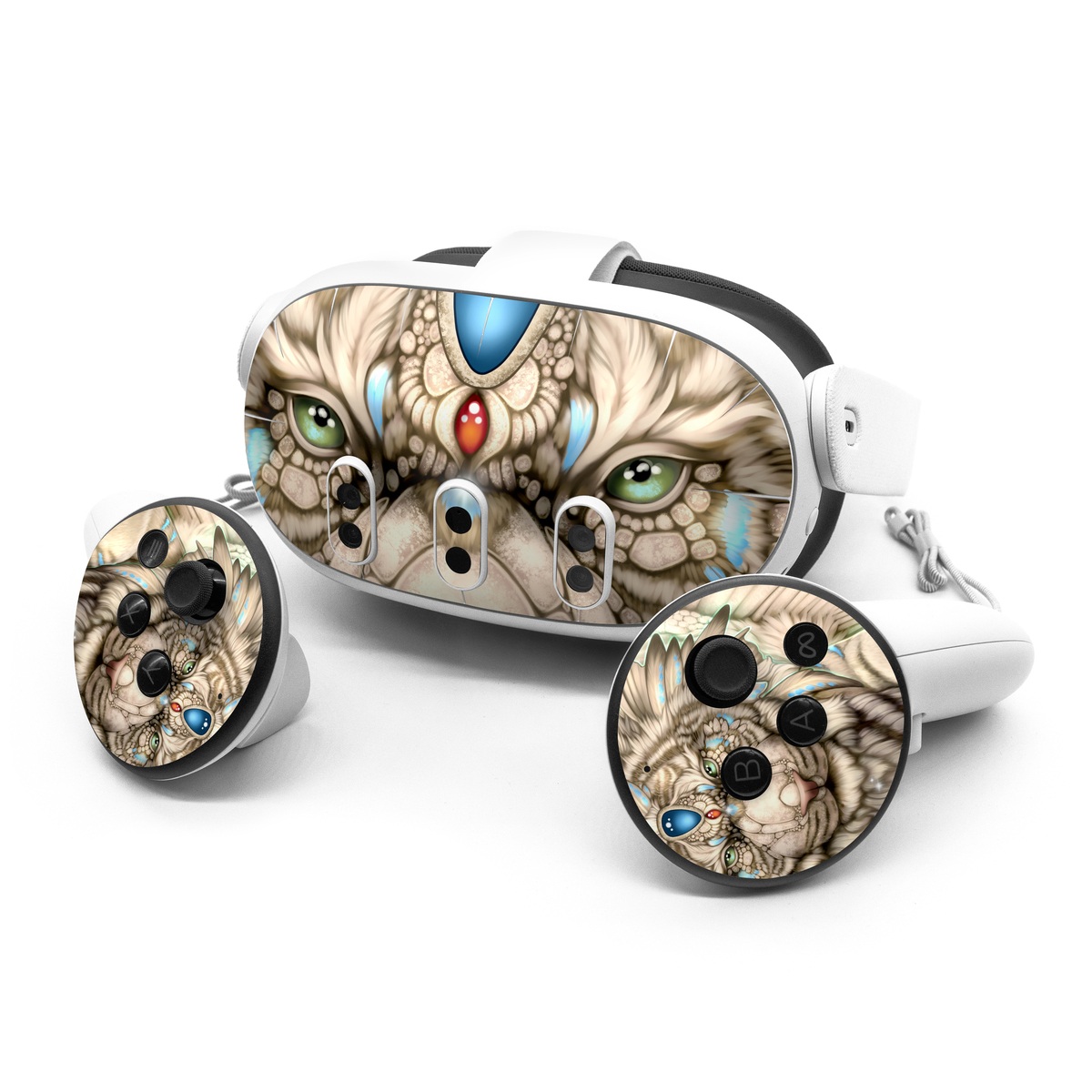 Meta Quest 3 Series Skin design of Mythical creature, Sleeve, Textile, Gesture, Felidae, Tattoo, Big cats, Font, Temporary tattoo, Painting, with white, blue, black, gray colors