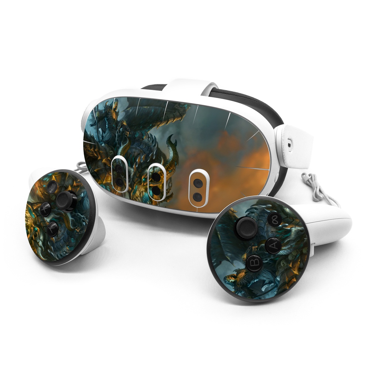 Meta Quest 3 Series Skin design of Dragon, Cg artwork, Fictional character, Mythical creature, Demon, Mythology, Illustration, Cryptid, Art, with orange, yellow, black, brown, blue, white colors