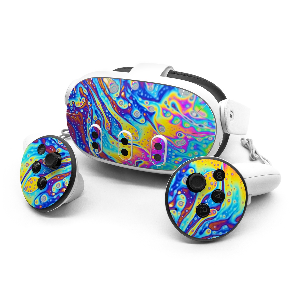 Meta Quest 3 Series Skin design of Psychedelic art, Blue, Pattern, Art, Visual arts, Water, Organism, Colorfulness, Design, Textile, with gray, blue, orange, purple, green colors