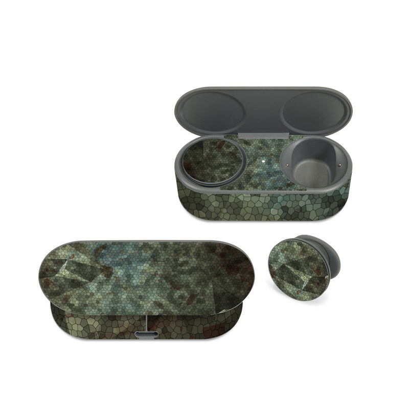 Microsoft Surface Earbuds Skin design of Green, Pattern, Brown, Wall, Design, Rock, Geology, Camouflage, Granite, Metal, with black, brown, blue, gray, white colors